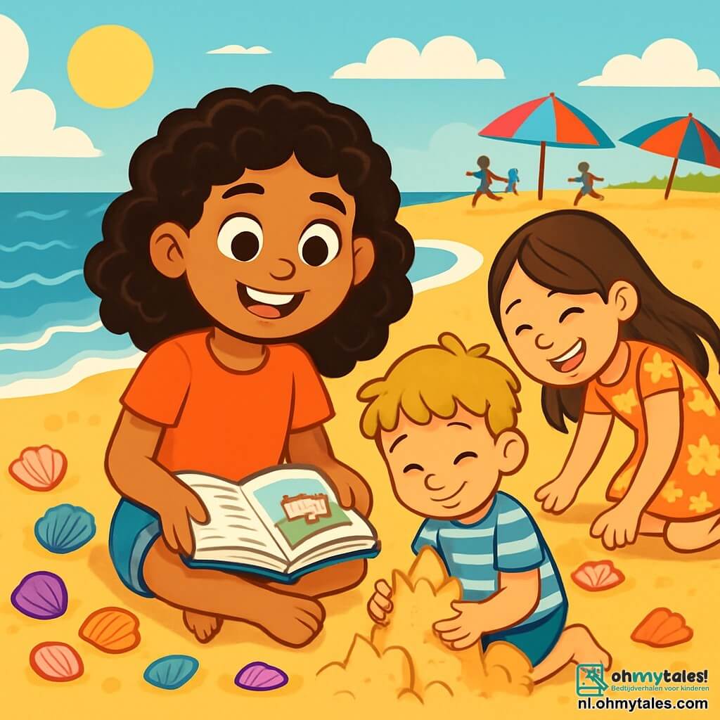 Een 10-jarig meisje, Noor, met prachtige krullende haren en sprankelende ogen, zit op het gouden zand van het strand met een grote glimlach op haar gezicht. Ze houdt een open boek op haar knieën, omringd door kleurrijke schelpen. Naast haar bouwt haar 6-jarige broertje Bram, met zijn rommelige blonde haar en gestreept t-shirt, een zandkasteel met zijn handen vol gouden korrels. Samira, Noor's beste vriendin van 10 jaar, met lang, steil haar en een bloemenjurk, bukt om schelpen op te rapen en lacht vrolijk. De plek is een levendig strand, met glinsterende golven die zachtjes op de kust breken, kleurrijke parasols en kinderen die verderop spelen. De hoofdscène toont Noor en haar vrienden die in hun spel zijn verdiept, zich verbeeldend dat ze op reis in Italië zijn, omringd door hun zandcreaties en gelach, en onvergetelijke zomermomenten creëren.