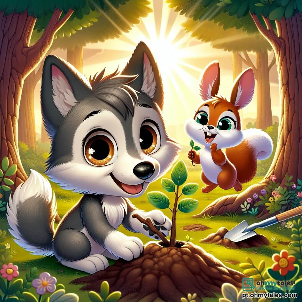 Um pequeno lobo chamado Lucas, com pelagem cinza e olhos brilhantes de curiosidade, está plantando uma pequena muda de árvore na terra, exibindo um grande sorriso no rosto. Ao seu lado, um alegre esquilo de pelos ruivos, com uma expressão entusiasmada, segura uma pequena pá e observa Lucas com admiração. Um travesso coelho branco, com grandes orelhas, salta ao redor deles, com os olhos brilhando de excitação, segurando outra muda de árvore em suas patas. A cena acontece em uma floresta verdejante, iluminada pela luz dourada do sol, com majestosas árvores ao fundo e flores coloridas espalhadas pelo chão. Os raios de sol filtram-se pelas folhas, criando um jogo de sombras e luzes no solo. Lucas e seus amigos estão trabalhando juntos para plantar árvores, simbolizando seu compromisso em proteger a floresta e lutar contra as mudanças climáticas. A atmosfera é alegre e cheia de esperança, mostrando a importância da amizade e da cooperação para preservar a natureza.