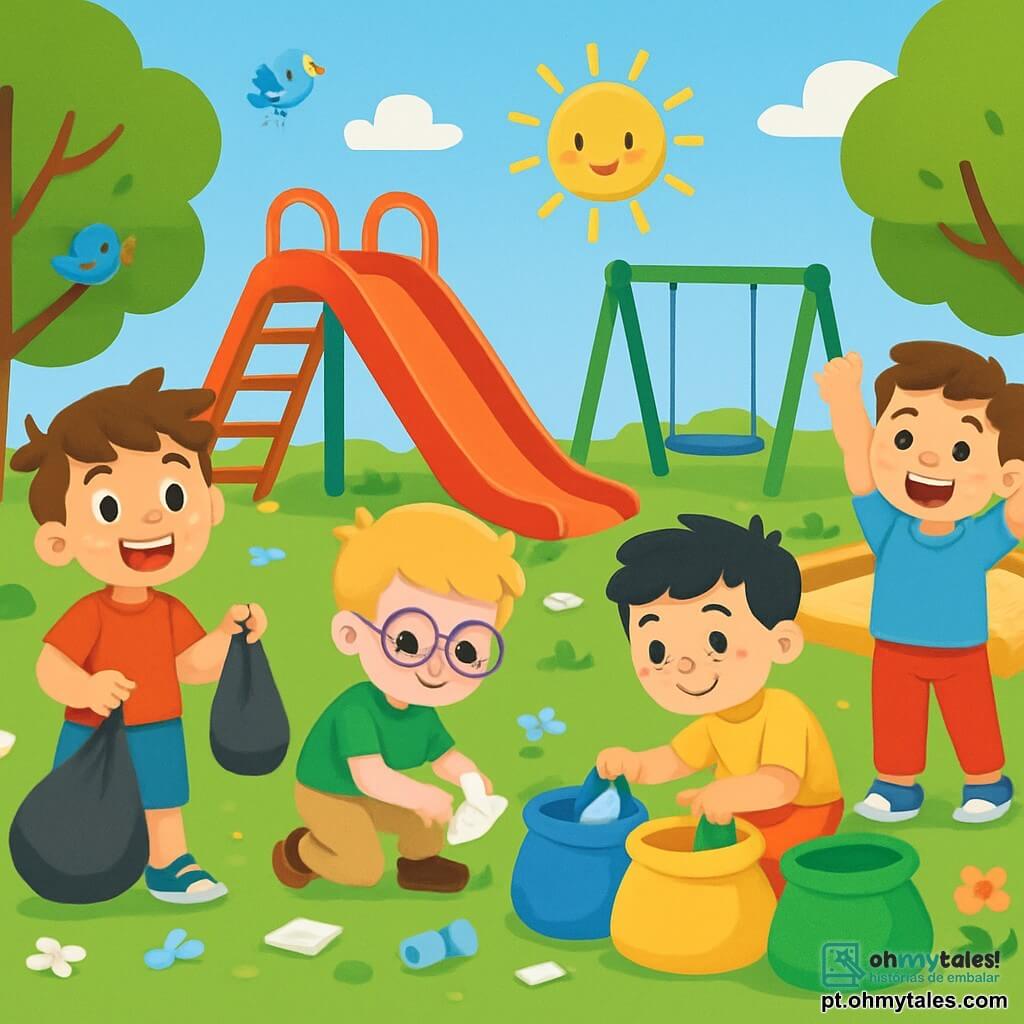 Há 4 crianças: - Pedro: um menino de 5 anos com cabelo castanho bagunçado, vestindo uma camiseta vermelha e um short azul. Ele sorri amplamente e segura um saco de lixo em uma mão. - Lucas: um menino de 5 anos com cabelo loiro e óculos redondos, vestido com uma camiseta verde e uma calça bege. Ele está pegando um papel do chão com uma expressão concentrada. - Tiago: um menino de 5 anos com cabelo preto e sardas, vestido com uma camiseta amarela e um short laranja. Ele está agachado, separando lixo em sacos coloridos. - Rafael: um menino de 5 anos com cabelo castanho e um grande sorriso, vestindo uma camiseta azul clara e uma calça vermelha. Ele está em pé, levantando os braços para cima, como se estivesse incentivando seus amigos. A cena principal ocorre em um parquinho ensolarado, repleto de brinquedos coloridos: um grande escorregador vermelho, balanços verdes e uma caixa de areia dourada. Árvores frondosas cercam a área de recreação, e flores multicoloridas crescem ao redor. O chão está coberto de lixo que as crianças estão recolhendo. A situação principal mostra as crianças limpando o parquinho, sorridentes e motivadas, com sacos de lixo aos pés. Elas trabalham juntas para deixar o lugar mais bonito, enquanto pássaros cantam nas árvores e o sol brilha acima delas.