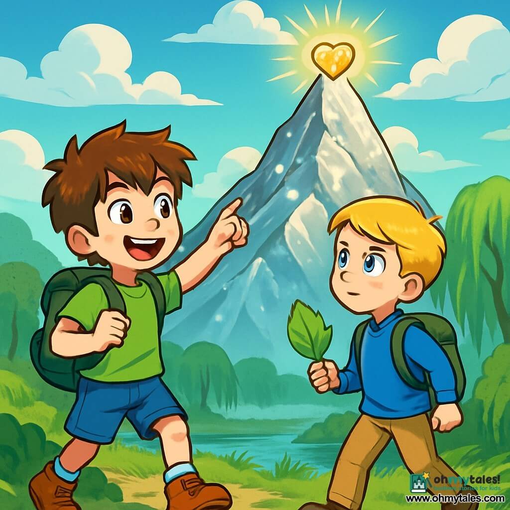 There are 2 main characters: Milo, a 10-year-old boy with messy brown hair and freckles on his face, wearing a bright green t-shirt and denim shorts, standing on the left with excited eyes pointing at the mountain top; and Finn, a 10-year-old boy with blonde hair and sparkling blue eyes, dressed in a blue shirt and beige pants, standing to the right of Milo, holding a shiny green leaf in his hand, looking determinedly at the mountain. The setting is the Silver Mountain, majestic and sparkling under the sun, with its slopes covered in shiny rocks and quartz veins that catch the light, while soft clouds float around its peak. Below, a mysterious marsh stretches out, with light mists and weeping willows with drooping branches. The main situation of the story shows Milo and Finn, brave and determined, climbing the Silver Mountain to retrieve the Heart of Stone, a magical stone glowing with golden light. They move forward together, their faces marked by excitement and adventure, ready to face the challenges ahead.