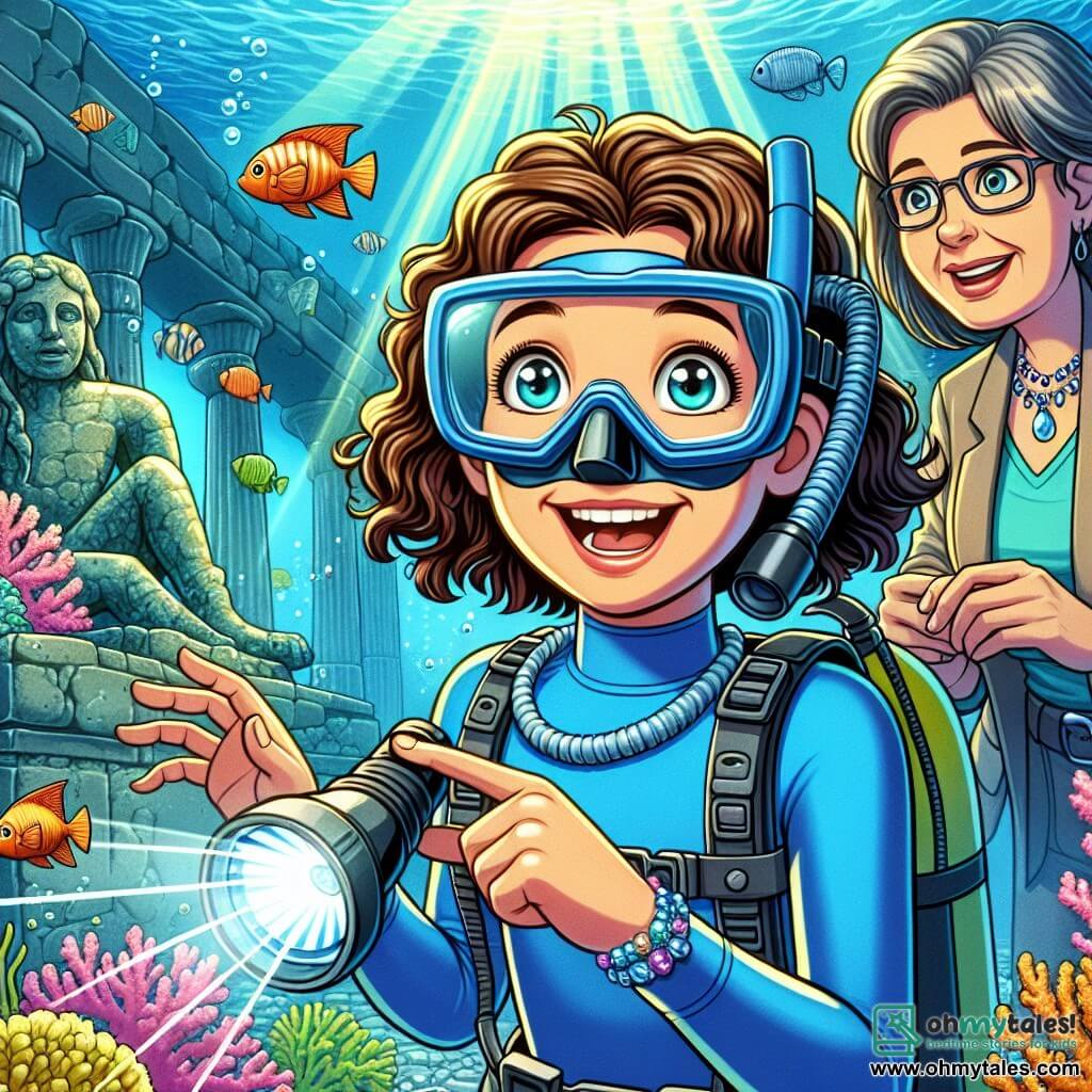 A 12-year-old girl, Amelia, with curly brown hair, is wearing a blue wetsuit and a diving mask. She has bright, excited eyes and a wide smile on her face, holding a flashlight in one hand and pointing at a mysterious object in the water. Next to her, Dr. Marina Talbot, a woman around 40 with brown hair and glasses, is observing intently with a determined look, ready to explore the depths. Their environment is an ancient underwater site, with stone ruins covered in colorful corals and tropical fish swimming around them. Rays of light filter through the water, illuminating the details of the marine sculptures. The main scene shows Amelia and Dr. Talbot discovering the legendary Sea Sapphire, a shining gem resting on a pedestal, surrounded by mystery and beauty, as they prepare to protect this treasure from treasure hunters.
