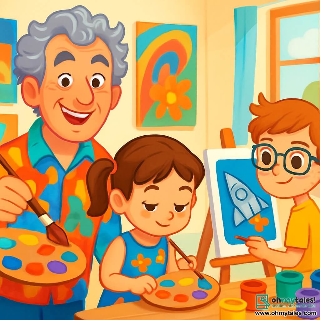 Mr. Oliver is an artist with curly gray hair, wearing a brightly colored shirt. He has a warm smile and sparkling eyes, holding a brush in one hand and a paint palette in the other. Next to him is a 7-year-old girl named Lily, with pigtails and a flower dress, mixing colors on her palette with a focused expression. A boy named Timmy, 8 years old, with glasses and freckles, stands a bit further away, painting a spaceship on his canvas with determination. The scene takes place in a bright studio filled with colorful canvases on the walls, paint pots scattered on wooden tables, and sunlight streaming through large windows, illuminating the creative space. Mr. Oliver and the children are painting together, each expressing their creativity on white canvases, surrounded by a joyful and inspiring atmosphere where laughter and bursts of color blend harmoniously.