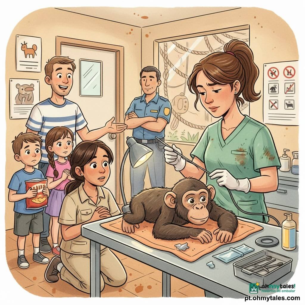 Veterinária na casa dos 30, rosto sereno e concentrado, cabelo castanho preso em rabo, bata verde com manchas de feno, luvas manuseando delicadamente uma pinça de endoscopia sobre a mesa de exame; emoção: determinação calma. Cuidadora Joana, ~28 anos, cabelo escuro solto, roupa bege, ajoelhada junto à coberta da chimpanzé segurando uma lâmpada suave, observando com preocupação afetuosa. Cuidador Tiago, ~30 anos, barba rala, camisola às riscas, à esquerda a fazer um gesto de conforto, sorriso nervoso. Agente de segurança Rui, ~40 anos, uniforme azul, ao fundo junto à porta, braços cruzados, vigilante. Chimpanzé Kira, jovem fêmea de pelo castanho claro, olhos grandes, deitada numa coberta quente, olhar atento; pequeno fragmento de plástico brilhante sobre a mesa antes de ser retirado. Dois visitantes: menino ~11 anos com um saco de batatas fechado na mão, curioso e envergonhado; menina ~11 anos com trança, mãos juntas, emocionada. Sala: pequena sala de consulta do pavilhão dos primatas, paredes com desenhos e cartazes “Não alimentar”, mesa inox com instrumentos organizados, luz quente e janela para um recinto com lianas e cordas. Situação: intervenção calma e colaborativa para remover o plástico, ambiente educativo e reconfortante, cores quentes com toques de verde, castanho e amarelo, traços suaves e expressões claras.