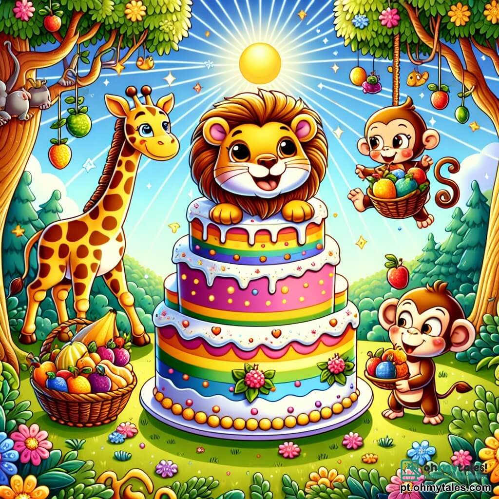 Um leão alegre chamado Leo, com uma juba dourada brilhante e um grande sorriso, está no centro da cena, segurando um enorme bolo colorido que começa a inclinar. Ao lado dele, uma girafa chamada Gigi, com um pescoço longo e manchas marrons, sorri segurando uma cesta de frutas coloridas. Um pequeno macaco travesso, Mimi, com pelagem marrom e olhos brilhantes, está pendurado em um galho, pronto para pular no bolo. A cena acontece em uma floresta encantada, com árvores de folhas verdes vibrantes, flores multicoloridas e raios de sol filtrando através dos galhos. Leo, cercado por seus amigos, está prestes a dançar sobre o bolo que ameaça desmoronar, criando uma atmosfera de alegria e diversão.