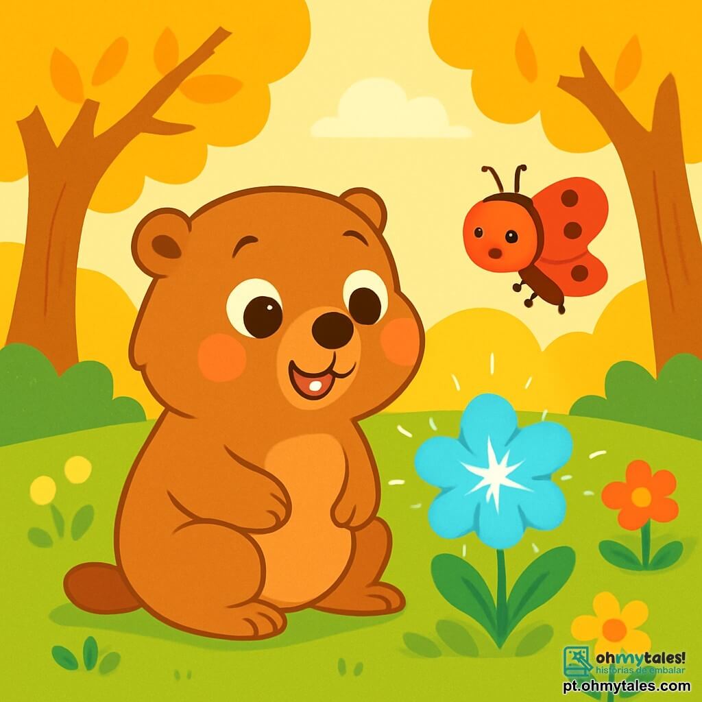 Uma marmota chamada Mimi, com pelagem marrom suave e olhos redondos e brilhantes, está sentada na grama verde, com um olhar maravilhado, diante de um brilho azul cintilante. Ao seu lado, uma pequena joaninha vermelha com pintas pretas, sorridente e curiosa, voa em torno da flor que exala um doce perfume. O cenário é uma clareira ensolarada, cercada por árvores majestosas com folhas douradas que dançam ao vento, com flores coloridas florescendo ao redor. Mimi, intrigada e alegre, está prestes a descobrir o segredo da luz mágica que brilha entre as pétalas.