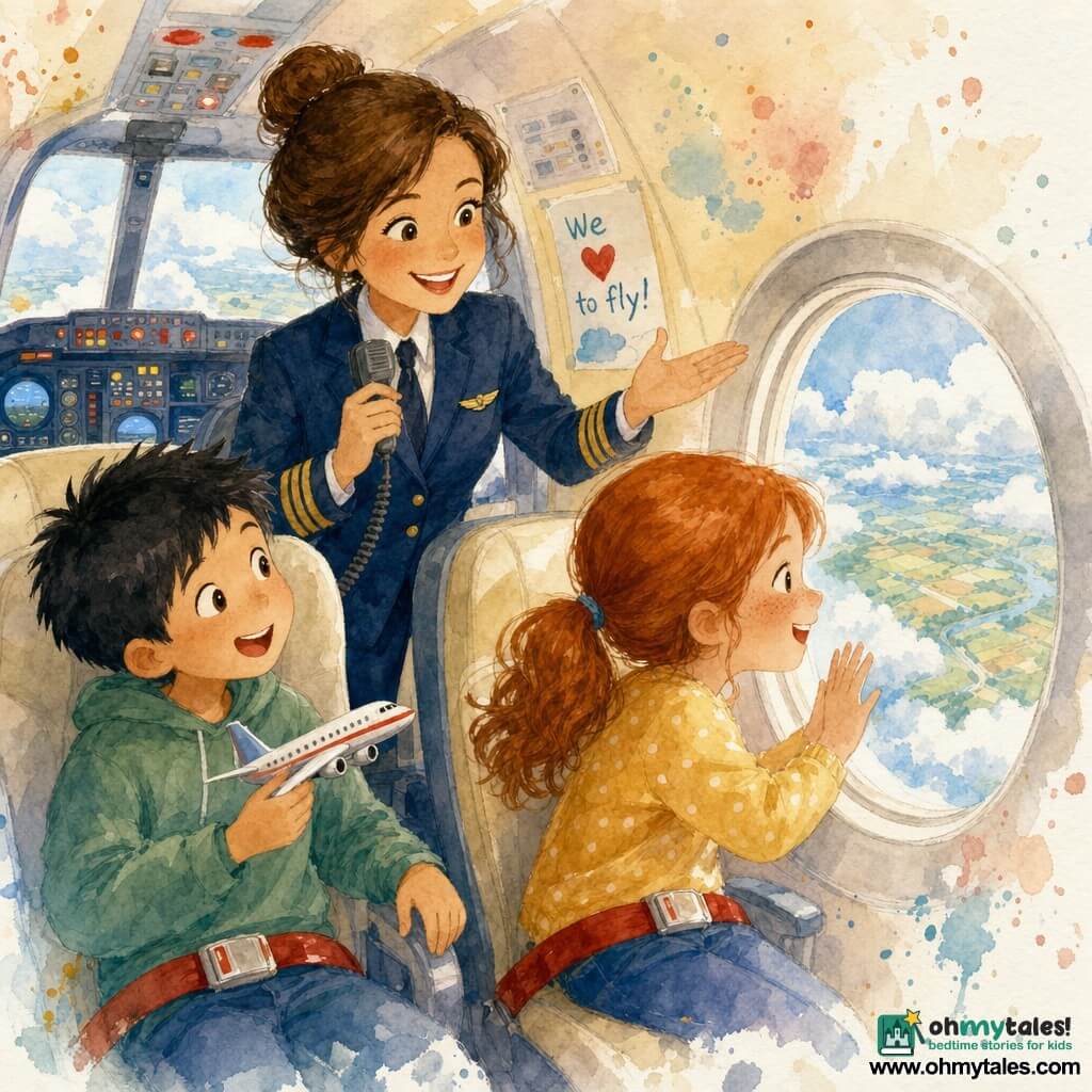 The pilot is a smiling woman in her thirties with brown hair in a bun, wearing a navy jacket with gold epaulettes and holding a cabin microphone; a redheaded, freckled girl of about seven presses her nose and hands to a round window smiling, seated front row right; an eight-year-old boy with black crew-cut hair holds a small plastic airplane, seated left and leaning toward the window; the bright cabin has cream seats, red seatbelts, round windows showing cottony clouds and patchwork fields, and a dashboard with colorful buttons and dim lights; the main scene shows the pilot standing by the open cockpit welcoming the awed children, with a soft, pastel watercolor atmosphere and controlled watercolor clouds.