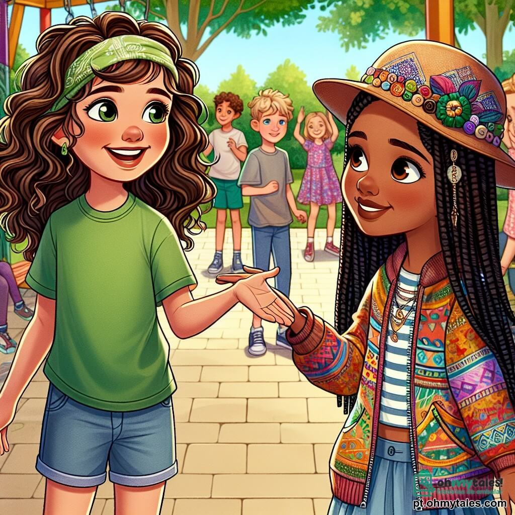 No centro da imagem, Clara, uma menina de 12 anos com cabelos castanhos e cacheados, usa uma camiseta verde e um short de jeans. Ela sorri amplamente, expressando alegria e entusiasmo, enquanto estende a mão para Sofia, mostrando amizade. Ao lado dela, Sofia, também de 12 anos, com pele morena e cabelos negros trançados, veste uma jaqueta colorida e um chapéu decorado com botões. Ela sorri timidamente, mas seu olhar brilha de excitação. O cenário é o pátio de uma escola ensolarada, com árvores verdes e brinquedos coloridos, onde crianças brincam, criando uma atmosfera alegre. A imagem captura o momento de conexão e aceitação entre Clara e Sofia, simbolizando a amizade.