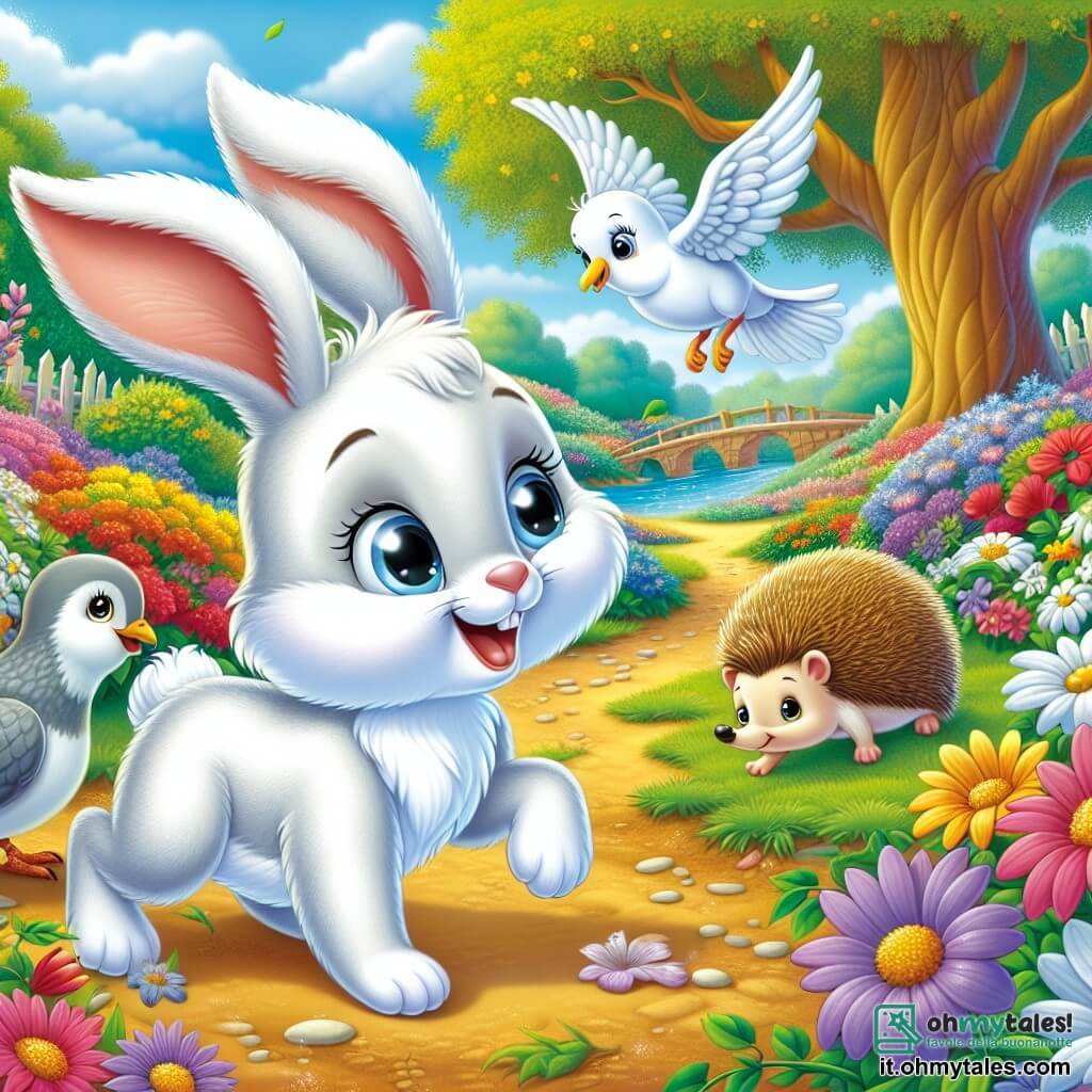 Un giovane coniglio dalle grandi orecchie, con un pelo bianco splendente, salta gioiosamente in mezzo a un campo di fiori colorati, i suoi occhi brillanti di eccitazione e un grande sorriso sul volto. Nelle vicinanze, una tortora grigia dalle ali delicate batte le ali, con uno sguardo scintillante di curiosità, mentre un riccio dalle spine dorate, un po' in disparte, osserva con aria concentrata, grattando il terreno con le sue piccole zampe. Il luogo è un parco incantevole, pieno di fiori vivaci, con un grande albero di quercia maestoso sullo sfondo e un ruscello scintillante che serpeggia dolcemente attraverso il paesaggio. La scena principale mostra il giovane coniglio e i suoi amici mentre scoprono una mappa misteriosa, piena di promesse di avventura, pronti a partire alla ricerca di un tesoro nascosto.