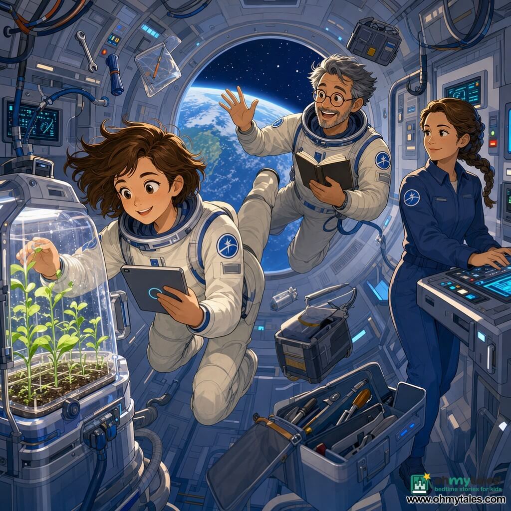 The main character is Captain Mira, a smiling, focused female astronaut with short brown hair floating slightly, wearing a light spacesuit with a blue insignia; she holds a tablet and adjusts a transparent plant-growth module with fine green sprouts while in microgravity, feet slightly raised and strapped to the wall. Dr. Kenji, about 40 with round glasses and salt-and-pepper hair, floats beside her with a notebook, laughing and waving. Commander Amina, about 38 with braided hair and a calm expression, stands by a control panel with a hand on the console. The scene is the central module of a space station—curved gray walls, silver panels, cables, lit screens, magnetic tools, and a large round porthole showing the dark blue Earth and stars—soft lighting and metallic reflections, a quiet, cooperative microgravity atmosphere.