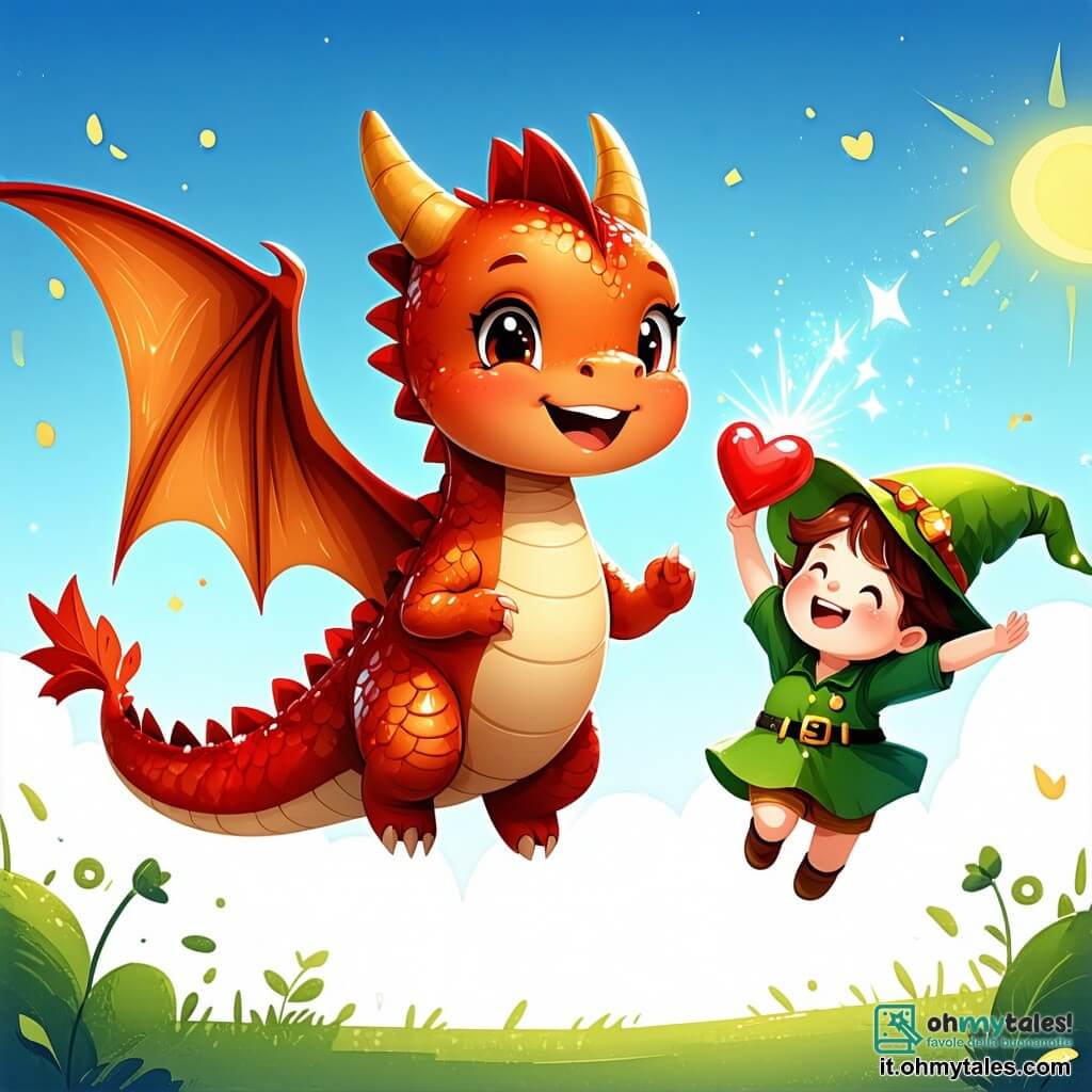 Fiammetta, un piccolo drago con squame rosse e dorate, vola felicemente nel cielo, con un grande sorriso sul volto. I suoi occhi brillano di felicità mentre tiene un cuore di zucchero tra le zampe. Accanto a lei, Lino, un piccolo folletto con un cappello verde a forma di foglia e occhi scintillanti, salta di gioia con le braccia alzate, tenendo un cuore di carta colorata. È pieno di energia e sembra felice di essere con la sua amica. Sullo sfondo, un campo verde è decorato con palloni a forma di cuore che fluttuano nell'aria, e creature fantastiche come gnomi ed elfi danzano attorno a un grande albero adornato di ghirlande di cuori. La scena rappresenta la festa di San Valentino, dove Fiammetta e Lino distribuiscono cuori di zucchero e di carta ai loro amici, creando un'atmosfera gioiosa e festosa piena d'amore e amicizia.