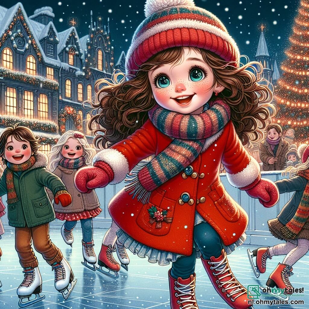 Een 9-jarig meisje, Lotte, met grote glanzende ogen en krullend kastanjebruin haar, glimlacht vrolijk terwijl ze op een openluchtijsbaan schaatst. Ze draagt een felrode jas, een wollen muts en bijpassende handschoenen, en haar gezicht straalt immense vreugde en verwondering uit. Naast haar glijdt haar 6-jarige broertje Finn, met zijn rommelige blonde haar en een ondeugende glimlach, onhandig op zijn schaatsen en lacht luid. Iets verderop kijkt een 8-jarig meisje genaamd Sophie, met lang glad haar en een kleurrijke sjaal, hen met een verlegen glimlach aan voordat ze zich bij hen op het ijs voegt. De locatie is een charmant dorpsplein, omringd door huizen versierd met fonkelende lichtjes en een enorme verlichte kerstboom in het midden, wat een feestelijke en magische sfeer creëert. Verse sneeuw bedekt de grond, wat een vleugje magie aan de scène toevoegt. De belangrijkste situatie toont Lotte en haar vrienden die plezier hebben op de schaatsbaan, terwijl ze lachen en kerstliedjes zingen, terwijl sneeuwvlokken zachtjes om hen heen vallen, wat de geest van Kerstmis en de versterkende vriendschap symboliseert.
