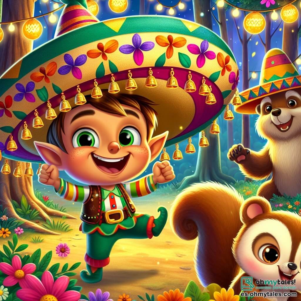 Ilustración de un pequeño duende alegre, con una gran sonrisa y ojos brillantes. Lleva un sombrero colorido adornado con pequeñas campanillas que suenan con cada movimiento. Está bailando con entusiasmo en un claro del bosque, rodeado de guirnaldas de flores luminosas. Cerca, una lechuza sabia con grandes gafas observa la escena desde una rama, sonriendo benevolentemente. Un oso robusto, de pelaje marrón y ojos tiernos, ríe a su lado, mientras una ardilla pequeña y ágil, con una cola esponjosa y ojos curiosos, recoge frutas caídas del suelo con expresión de emoción. El claro del bosque es mágico, iluminado por farolitos brillantes colgados de las ramas. Flores coloridas y hojas doradas cubren el suelo, creando una atmósfera festiva y cálida. La escena principal muestra al duende celebrando el Año Nuevo con sus amigos, en un ambiente de alegría y camaradería, mientras preparan una gran fiesta llena de risas y música. Otros elementos gráficos incluyen una piñata colorida en forma de arcoíris suspendida sobre ellos, frutas y dulces esparcidos por el suelo, y estrellas brillantes en el cielo nocturno, añadiendo magia a la escena.