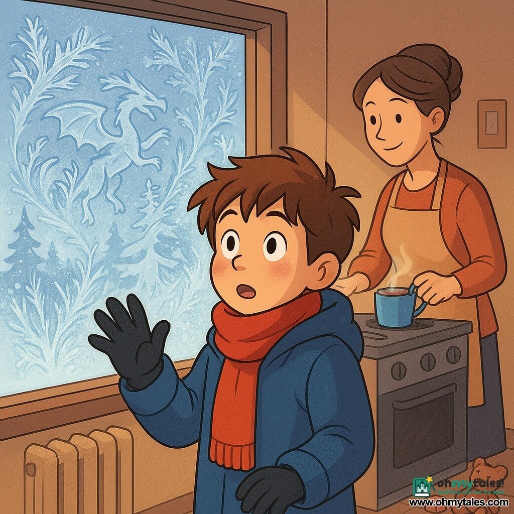 A 12-year-old boy with messy brown hair and rosy cheeks stands in front of a frosted window. He wears a large blue coat, a red scarf, and black gloves, his amazed gaze studying the ice patterns dancing on the glass. Inside the room, his mother, a woman in her thirties with brown hair in a bun, prepares a bowl of hot chocolate on the stove, a gentle smile on her face. Soft morning light filters through the window, illuminating the cozy room where toys are scattered on the floor and a radiator softly hisses. The boy is captivated by the ice crystals, imagining dragons and forests in the patterns, while the fresh winter air flows through the window, creating a magical and peaceful atmosphere.