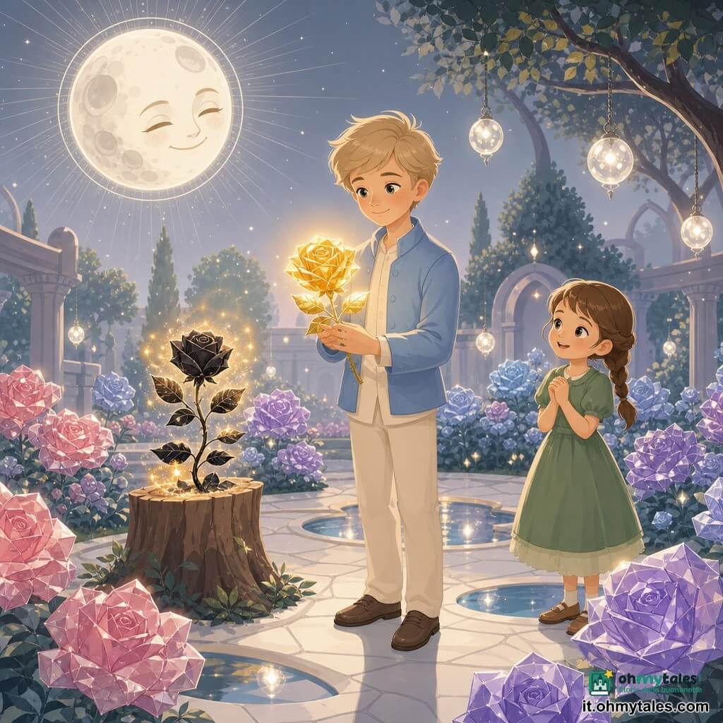 Un ragazzo di circa 16 anni, sguardo sereno e occhi luminosi, tiene una rosa dorata che pulsa di luce calda; capelli biondi corti, giacca blu leggera, pantaloni crema, postura dolce come se avesse appena deposto un peso, accanto a lui una bambina di 7 anni sulla destra osserva curiosa con sorriso, treccia bruna e vestito verde, mani giunte a pochi passi; in alto a sinistra la Luna antica con volto sorridente e alone argentato diffonde raggi sottili; il luogo è un giardino della memoria con vialetti lastricati bianchi, cespugli di rose in vetro colorato (rosa, viola, blu), una rosa nera che si trasforma in dorata su una ceppaia, lanterne sospese come perle e piccole pozze riflettenti; situazione: il ragazzo ha appena perdonato, la rosa nera si illumina e diventa dorata, una luce soffusa avvolge i personaggi creando un'atmosfera di sollievo e pace, colori pastello con tocchi dorati.