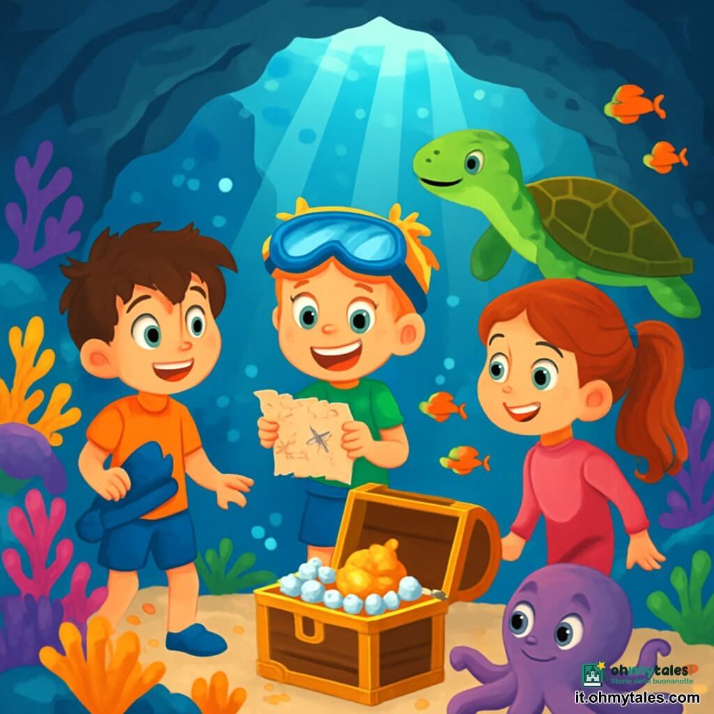 Ci sono 3 personaggi: Marco, un ragazzo di 7 anni con capelli castani disordinati e occhi curiosi, tiene una palma da immersione in una mano e guarda meravigliato intorno a sé; Luca, un ragazzo di 7 anni con capelli biondi e occhiali da immersione sulla fronte, sorride e tiene una mappa del tesoro nell'altra mano; Giulia, una ragazza di 7 anni con capelli lunghi e ondulati raccolti in una coda di cavallo, indossa una muta rosa e osserva una grande tartaruga che nuota accanto a loro. Il luogo è una splendida grotta sottomarina illuminata da raggi di luce che filtrano attraverso l'acqua chiara, con pareti decorate da coralli colorati e pesci multicolori che nuotano intorno, creando un'atmosfera magica. I tre amici scoprono un tesoro scintillante al centro della grotta, una piccola cassa di legno piena di perle brillanti e una conchiglia dorata, mentre un polpo curioso li osserva.