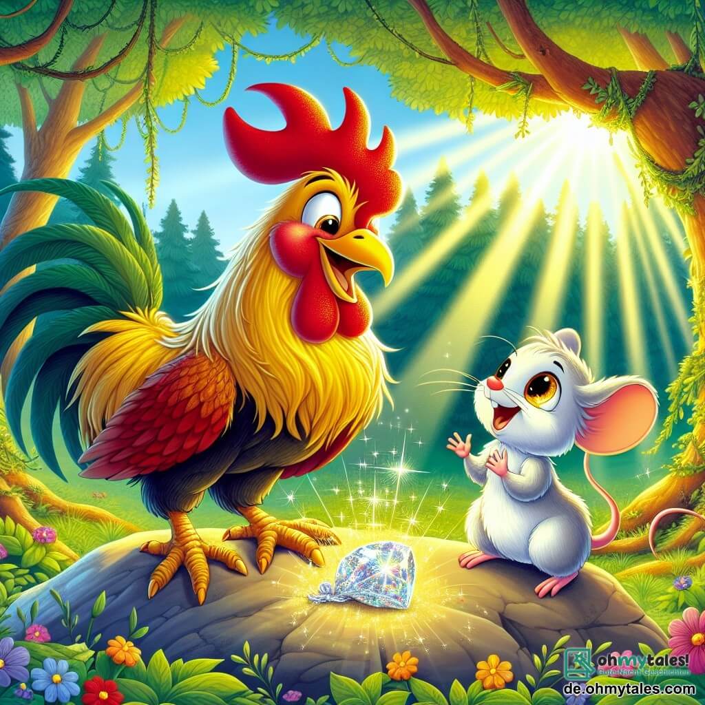 Ein Hahn namens Karl mit glänzend roten und goldenen Federn steht auf einem Felsen, die Flügel ausgebreitet und mit einem großen Lächeln im Gesicht, voller Aufregung und Neugier. Neben ihm schaut eine kleine Maus namens Mia mit ihrem weichen grauen Fell und großen funkelnden Augen bewundernd zu Karl, ihre kleinen Pfoten erhoben, als wäre sie bereit, vor Freude zu springen. Im Hintergrund erstreckt sich ein grüner Wald mit üppigem Laub und Sonnenstrahlen, die durch die Äste filtern und den mit bunten Blumen gespickten Boden erleuchten. Die Szene zeigt Karl und Mia, die einen geheimnisvollen, funkelnden Schatz entdecken, umgeben von einem Gefühl von Abenteuer und Magie.