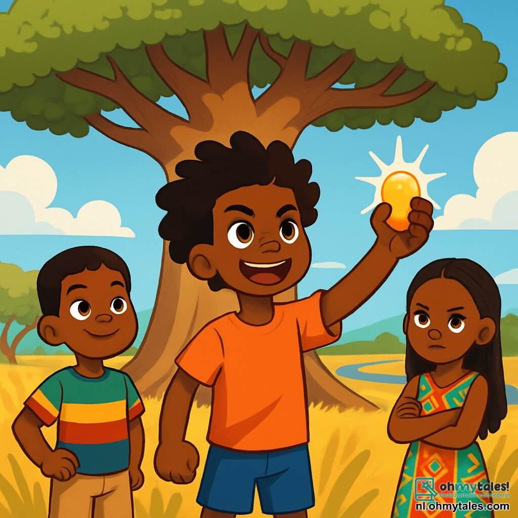 Kwame, een twaalfjarig jongen, staat onder een majestueuze baobab, zijn gezicht straalt vastberadenheid en moed uit. Hij heeft ogen die schitteren als sterren, een warme bruine huid en krullend haar dat in de wind danst. In zijn hand houdt hij een gouden steen die in de zon glinstert, symbool voor zijn kracht en verantwoordelijkheid. Naast hem staat Ayo, een jongen van dezelfde leeftijd met kort haar en ondeugende ogen, die met bewondering toekijkt. Hij draagt een kleurrijk t-shirt en een lichte korte broek, klaar om zijn vriend te steunen. Nia, een dappere twaalfjarige meid, staat iets op de achtergrond met gekruiste armen en een vastberaden uitdrukking op haar gezicht. Ze heeft lange gevlochten haren en draagt een traditionele jurk met levendige patronen. De achtergrond toont een gouden savanne, verlicht door de zon, met hoge grassprieten die in de bries golven. Op de achtergrond glinstert de rivier als een zilveren slang die door het landschap slingert. De lucht is helderblauw met donzige witte wolken. De hoofdscene toont Kwame die zich richt tot een groep dorpsbewoners die om hem heen staan, allemaal aandachtig en nieuwsgierig. Hij heft de gouden steen naar de lucht, klaar om zijn boodschap van rechtvaardigheid en eenheid te delen, terwijl de dorpsbewoners van alle leeftijden hoopvol en geïnteresseerd luisteren.