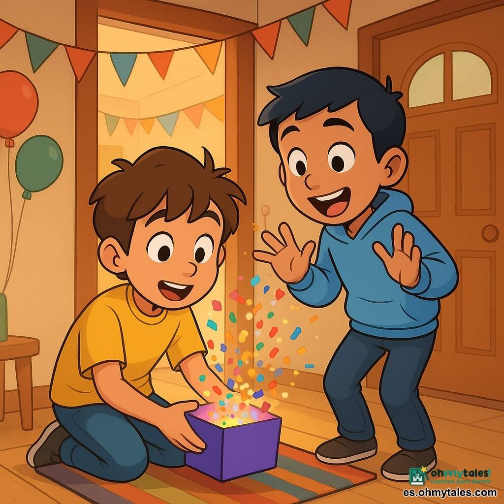 Hay dos niños: Mateo, chico de unos 8 años, pelo castaño despeinado, ojos avellana, camiseta amarilla y vaqueros, agachado a la izquierda frente a la puerta sosteniendo una pequeña caja violeta abierta de la que sale una nube de confeti multicolor; y Nico, chico de unos 8 años, pelo negro corto, sonrisa amplia, sudadera azul claro, de pie a la derecha detrás de Mateo, inclinado con las manos alzadas, sorprendido y maravillado mirando el contenido de la caja; lugar: entrada de casa cálida y colorida con felpudo a rayas, paredes crema con guirnaldas y globos, suelo de madera clara y luz solar cálida entrando por la puerta abierta; situación: ambos acaban de abrir la caja violeta sobre el felpudo y un estallido de confeti y chispas doradas asciende hacia el techo, una luz dorada emana de la puerta representada con curvas luminosas, expresiones de asombro, composición dinámica y alegre, colores saturados, sombras suaves en cel-shading, estilo 3D cartoon.