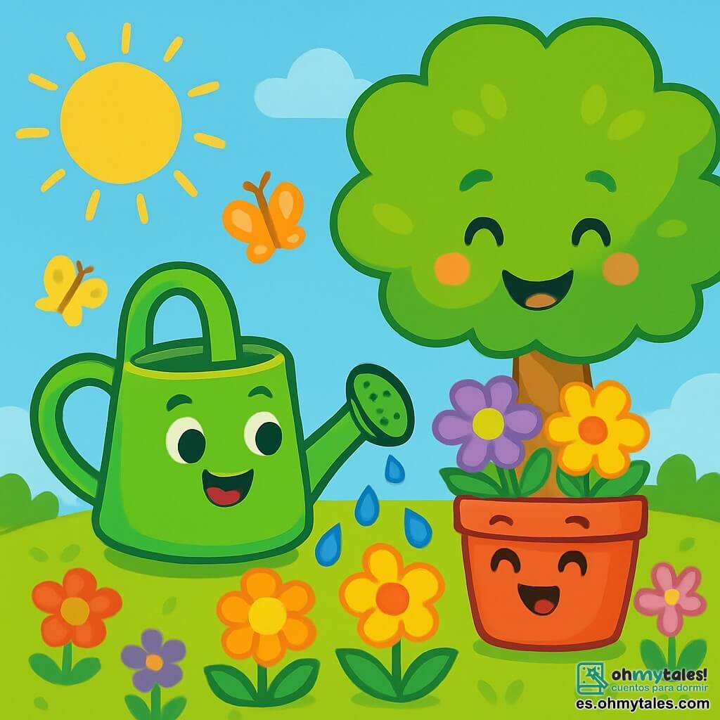 Lila, una pequeña regadera verde, sonriente y chispeante, está en el centro del jardín, llena de agua fresca. Sus ojos brillan de emoción mientras riega las flores coloridas a su alrededor. A su lado, Sol, una maceta roja alegre, está llena de bonitas flores violetas y amarillas. Parece encantada, sus pétalos se abren bajo el suave sol. Un poco más lejos, el gran señor Árbol, un árbol majestuoso con hojas verdes exuberantes, sonríe con benevolencia, sus ramas extendidas ofrecen sombra. El jardín es un lugar encantador, lleno de flores brillantes, mariposas danzantes y un césped verde y suave que brilla bajo los rayos del sol. Lila, llena de alegría, riega con cuidado las flores, creando gotas de agua brillantes que relucen como diamantes al sol, mientras Sol y el señor Árbol disfrutan de este momento mágico juntos.