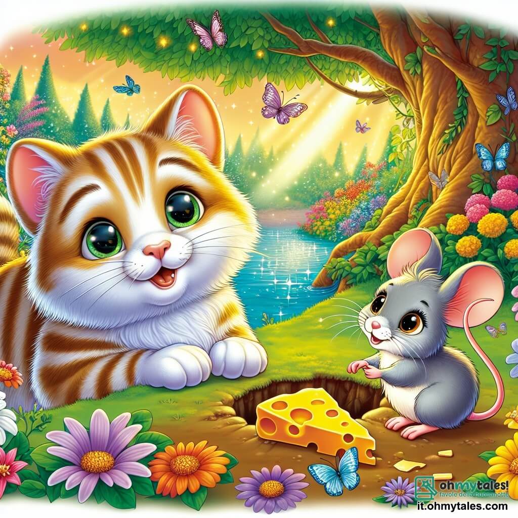 Un piccolo gatto di nome Micio, con un pelo morbido e striato di colori arancio e bianco, mostra un'espressione gioiosa e curiosa mentre si sporge verso un piccolo buco nel terreno, i suoi grandi occhi brillano di eccitazione. Accanto a lui, Mimi, un piccolo topo grigio con grandi orecchie e occhi scintillanti, guarda con speranza, le sue piccole zampe strette attorno a un pezzo di formaggio. Lo scenario è un giardino incantato, pieno di fiori vivaci, farfalle che svolazzano e un laghetto blu che scintilla al sole. Sullo sfondo, un grande albero maestoso offre ombra, i suoi rami carichi di foglie verdi danzano dolcemente al vento. In questa scena, Micio e Mimi stanno celebrando la scoperta del formaggio perduto, circondati dalla bellezza della natura, illustrando l'amicizia e l'avventura in un mondo magico.
