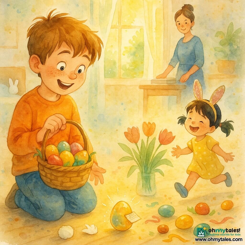 An 8-year-old boy with a round freckled face, messy light brown hair and bright smiling eyes holds a small wicker basket of colored eggs and looks at a rabbit tail feather on the floor; his 5-year-old cousin, with black hair in pigtails and a glittery bunny-ear headband, laughs as she runs toward a clump of tulips; their mother, about 35 with brown hair in a bun, stands by a wooden table with a hand on a stack of linen napkins, smiling; a small white rabbit-tail pompom sits on a low shelf near the bed; the bright living room on Easter morning has a light wood floor, an open window letting in golden light, a basket with green paper grass, spring flowers and scattered shiny eggs; after the egg hunt the boy discovers a small note tied to a sparkling egg, looking amazed and conspiratorial while his cousin laughs and the mother watches affectionately, the scene cheerful, colorful and slightly magical with chocolate, ribbons and watercolor-like sparkles.