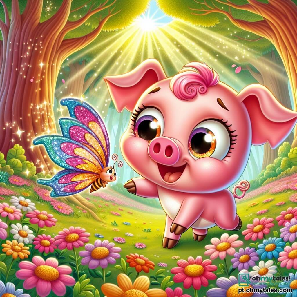 Um porquinho feliz chamado Pipo, com uma pele rosa brilhante e grandes olhos cintilantes, está no centro da cena, sorrindo entusiasticamente enquanto fareja o chão em busca da flor mágica. Ao seu lado, uma linda borboleta chamada Lili, com asas coloridas e cintilantes, voa ao seu redor, expressando sua gratidão com um sorriso radiante. A cena acontece em uma floresta encantada, onde árvores majestosas com troncos grossos se erguem em direção ao céu, e flores multicoloridas cobrem o chão, criando um tapete vibrante de cores. Raios de sol filtram-se através das folhas, iluminando a cena com uma luz dourada. Pipo e Lili estão em uma aventura, buscando juntos a flor mágica que realiza desejos, enquanto Pipo usa seu nariz para seguir o perfume encantador que flutua no ar.