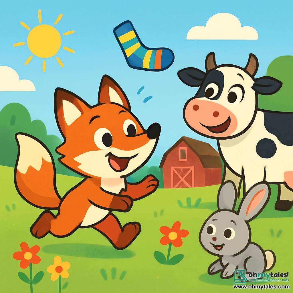 A mischievous fox with bright orange fur and sparkling eyes, wearing a wide smile, chases a colorful sock flying through the air. Next to him, a black and white cow named Daisy stands in a green field, laughing with round, joyful eyes. A small bunny with big ears, Benny, watches the scene while hopping, his soft gray fur shining in the sun. The setting is a sunny farm with colorful flowers, a clear blue sky, and a red barn in the background. The scene shows Felix the fox, full of energy, trying to catch his sock while his animal friends cheer him on enthusiastically.