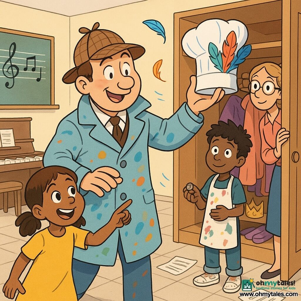 A round-faced smiling detective with lively eyes, a brown cap and a light-blue trench coat spotted with paint, surprised but reassuring, reaches for a large white chef’s hat trimmed with colorful feathers; Amy, about 8, with brown pigtails in a yellow dress, points excitedly to his left; Greg, about 9, with messy hair and a paint-stained apron, stands behind holding a button in his palm, embarrassed but relieved; Lila, the music teacher in her thirties with tied blonde hair and round glasses, gently opens a cupboard door on the right and watches; setting: a bright school music room with pastel walls, wooden shelves of colorful costumes, scattered sheet music, a light tiled floor and a large cupboard with the hat on the top shelf; main moment: the detective grabs the chef’s hat, feathers swirl around them, the children applaud, joyful and dynamic, crisp lines, vivid colors and soft shadows.