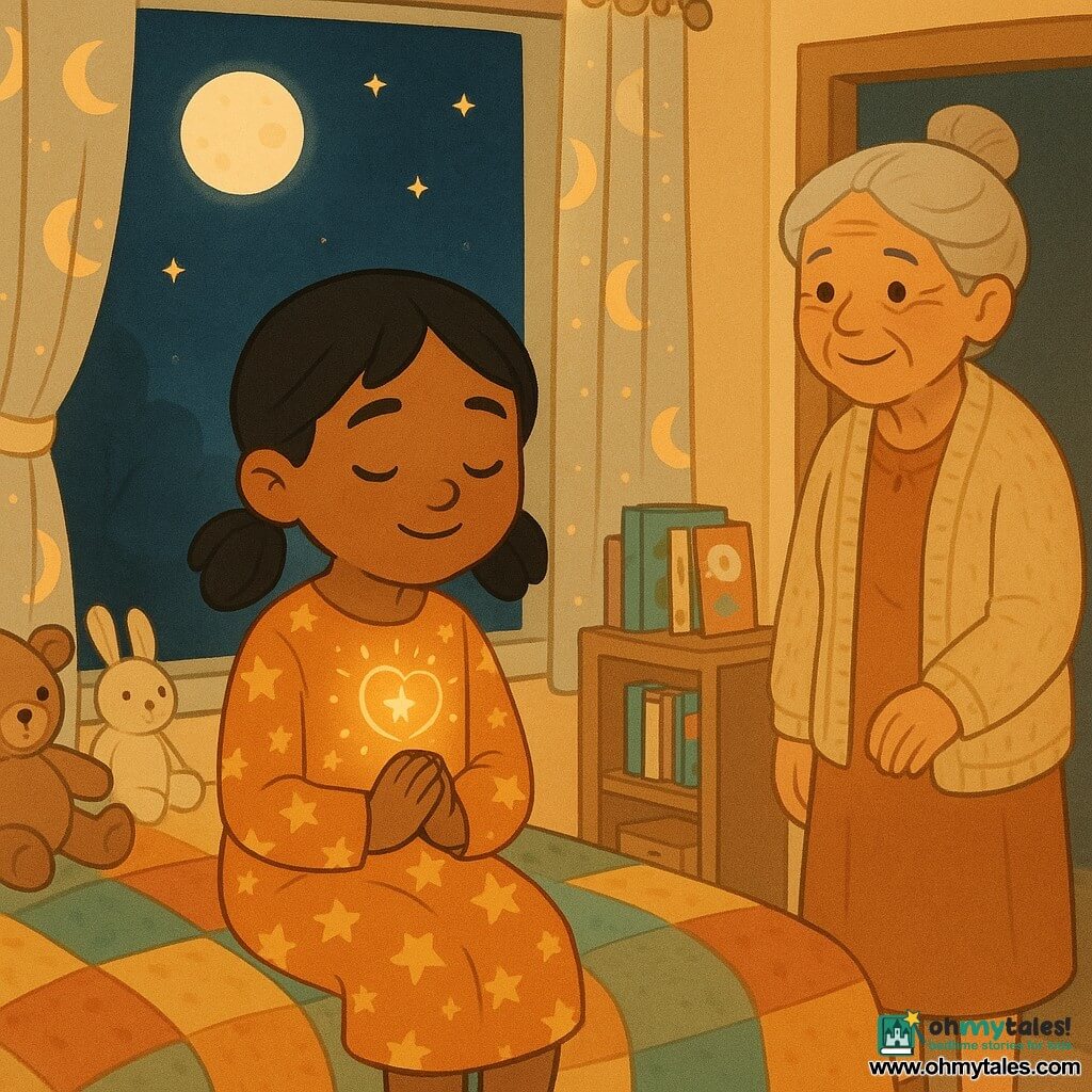 A serene 6-year-old girl, hands clasped at her chest, eyes closed and smiling, with black pigtails and caramel skin, wearing a starry nightgown and sitting on a windowsill; a small golden halo like a tiny star glows over her heart. Her grandmother, about 65, stands in the doorway with gray hair in a bun, a kindly wrinkled face and a knitted cardigan, watching tenderly a few steps behind. The bedroom has a colorful patchwork quilt, a rabbit and a bear plush, a shelf of illustrated books, and moon-patterned curtains; the window shows a deep night sky with a round moon and bright stars. Main scene: a child praying quietly at night with warm light around her heart, intimate, peaceful, hopeful atmosphere, centered composition, soft colors with warm golds and night blues, simple vector style with rounded shapes and clean outlines.