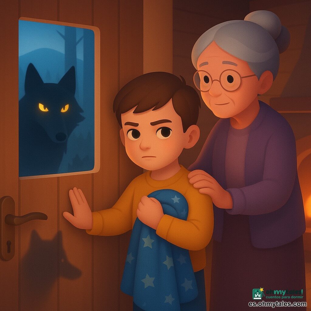 Niño de 6 años, cabello castaño corto y ojos avellana, rostro decidido y sereno, abrazando una manta azul con estrellas; de pie junto a una puerta de madera cerrada con la mano en el pomo como si se negara a abrir, postura erguida y valiente. Su abuela, mujer de unos 70 años, pelo gris en moño y manos arrugadas sobre su hombro, lo sostiene con mirada tranquilizadora junto a la chimenea. Afuera, el lobo feroz, grande y negro con pelaje lustroso y ojos amarillos, proyecta su silueta bajo la puerta y se insinúa en la luz de la ventana; bosque brumoso y colinas a la luz de la luna. Interior: pequeña casa de madera con suelos claros y fuego tenue que crea una luz cálida naranja que contrasta con la luna azulada; momento de tensión serena: el niño cierra la puerta frente a la sombra del lobo mientras la abuela lo apoya.