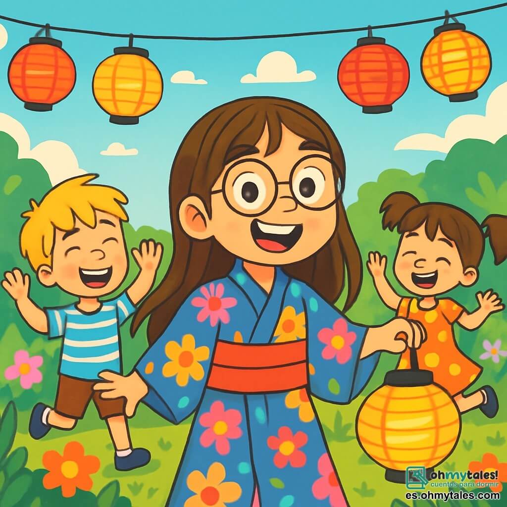 Una niña de 10 años, Ana, con largos cabellos castaños y gafas redondas, sonríe alegremente, con los ojos brillantes de emoción. Lleva un yukata colorido, adornado con motivos florales, y sostiene un farolillo de papel iluminado en su mano. A su lado, sus amigos, un niño de 10 años con cabello rubio despeinado, vestido con una camiseta a rayas, y una niña de 9 años con dos coletas y un vestido de lunares, ríen y bailan a su alrededor, todos rodeados de farolillos colgados. El lugar es un jardín soleado, lleno de flores brillantes y vegetación exuberante, con un cielo azul claro salpicado de algunas nubes blancas esponjosas. La escena está animada por las risas de los niños y los destellos de luz de los farolillos, creando una atmósfera festiva y alegre. La situación principal muestra a Ana y sus amigos celebrando su propio festival japonés, bailando y divirtiéndose juntos, mientras comparten momentos de felicidad y amistad bajo las estrellas.