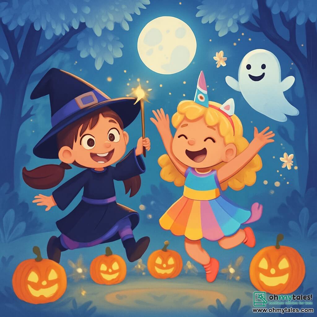 There are two main characters: Lily, a 10-year-old girl with long brown hair in pigtails, wearing a black and purple witch costume with a pointed hat. She holds a sparkling magic wand in her right hand and smiles enthusiastically. Mia, also 10, has curly blonde hair and is dressed as a unicorn in a multicolored dress with a shiny horn on her head. She is next to Lily, jumping for joy with her arms raised to the sky. The setting is an enchanted forest filled with silver-leaved trees shimmering under the moonlight. Glowing pumpkins are scattered on the ground, emitting a soft orange light, and a light mist floats around, creating a magical and mysterious atmosphere. The main scene shows Lily and Mia, brave and joyful, jumping through a ring of glowing pumpkins, surrounded by sparkling fairies cheering them on. Their faces radiate happiness and excitement, while a friendly ghost watches them with a smile, adding a playful touch to this fairy scene.
