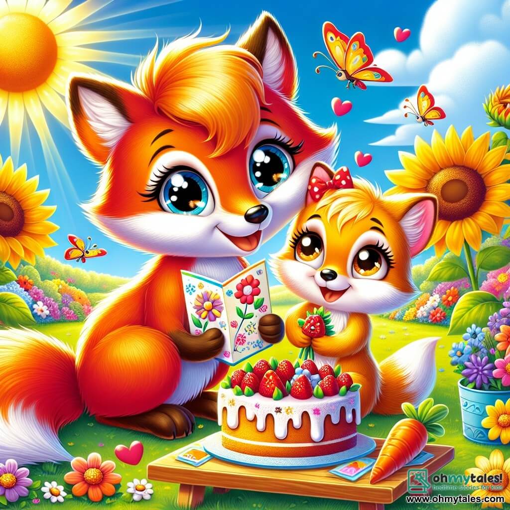 A young fox with sparkling eyes and shiny red fur, Max, is sitting in a sunny garden, wearing a big joyful smile. He holds a colorful card decorated with flower drawings and a steaming carrot cake on a small wooden table. Next to him, his mom, a gentle vixen with golden fur and warm eyes, sits on the grass, radiating happiness. She looks at Max with tenderness and tears in her eyes, admiring the gift he has prepared for her. The garden is filled with vibrant flowers, giant sunflowers, and colorful butterflies fluttering around. The sky is a bright blue, dotted with fluffy white clouds. The scene shows Max proudly presenting his gift to his mom, celebrating Mother's Day in a moment of joy and shared love.