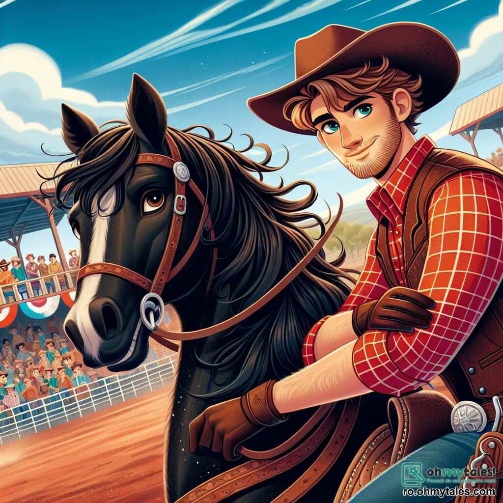 Un tânăr cowboy, Jack, un bărbat de aproximativ 20 de ani, cu părul castaniu și ochii strălucind de determinare, stă pe un cal negru, cu fața concentrată și un zâmbet încrezător pe buze. Poartă o cămașă cu carouri roșii, o vestă din piele și o pălărie de cowboy care îi dă un aer temerar. Lângă el, Red McCoy, un bărbat mai în vârstă de aproximativ 50 de ani, cu barbă albă și riduri care spun povești de bravură, îl observă pe Jack cu un privire admirativă, cu brațele încrucișate, stând pe solul prăfuit al arenei. Decorul este o arenă în aer liber, înconjurată de spectatori entuziaști, cu steaguri colorate fluturând în vânt și standuri de mâncare în fundal. Solul este acoperit cu pământ roșcat, iar cerul este de un albastru strălucitor, presărat cu câteva nori albi. Situația principală îl arată pe Jack încercând să îmblânzească un cal sălbatic, armăsarul negru ridicându-se sub el, în timp ce mulțimea aplaudă și strigă de excitație, creând o atmosferă de tensiune și adrenalină.