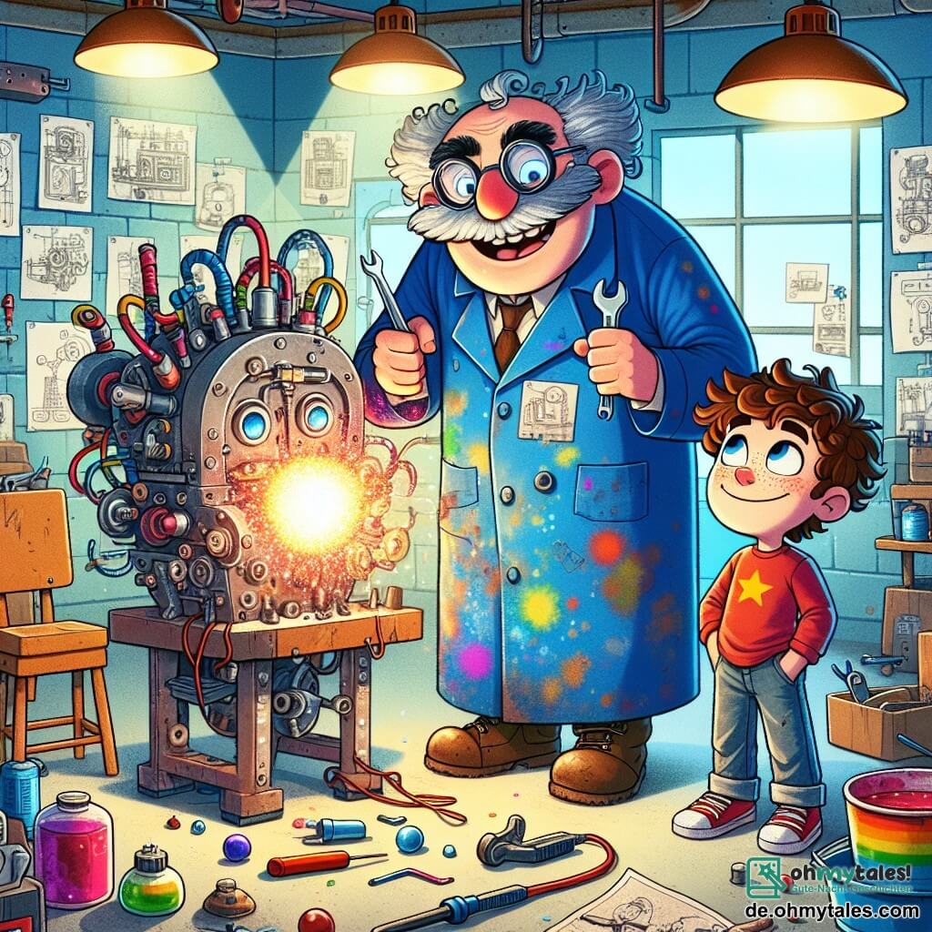 Ein Mann namens Herr Klitzeklein ist ein fröhlicher Erfinder mit runden Brillen und einem großen, lockigen Schnurrbart. Er trägt einen blauen Arbeitskittel, der mit Farbflecken bedeckt ist, und lächelt begeistert, während er einen Schraubenschlüssel hält. Neben ihm steht ein 8-jähriger Junge namens Max mit zerzausten braunen Haaren und einem roten T-Shirt, der die Maschine mit weit aufgerissenen Augen voller Aufregung beobachtet. Sie befinden sich in einer großen, hellen Werkstatt, die mit bunten Maschinen, verstreuten Werkzeugen und Erfindungsplänen an den Wänden gefüllt ist. In der Mitte steht eine seltsame Maschine aus glänzendem Metall, die Funken und Blasen ausstößt, während sie versuchen, sie gemeinsam zu reparieren. Die Szene zeigt ihre fröhliche Zusammenarbeit und ihren Entschluss, etwas Fantastisches zu erfinden.