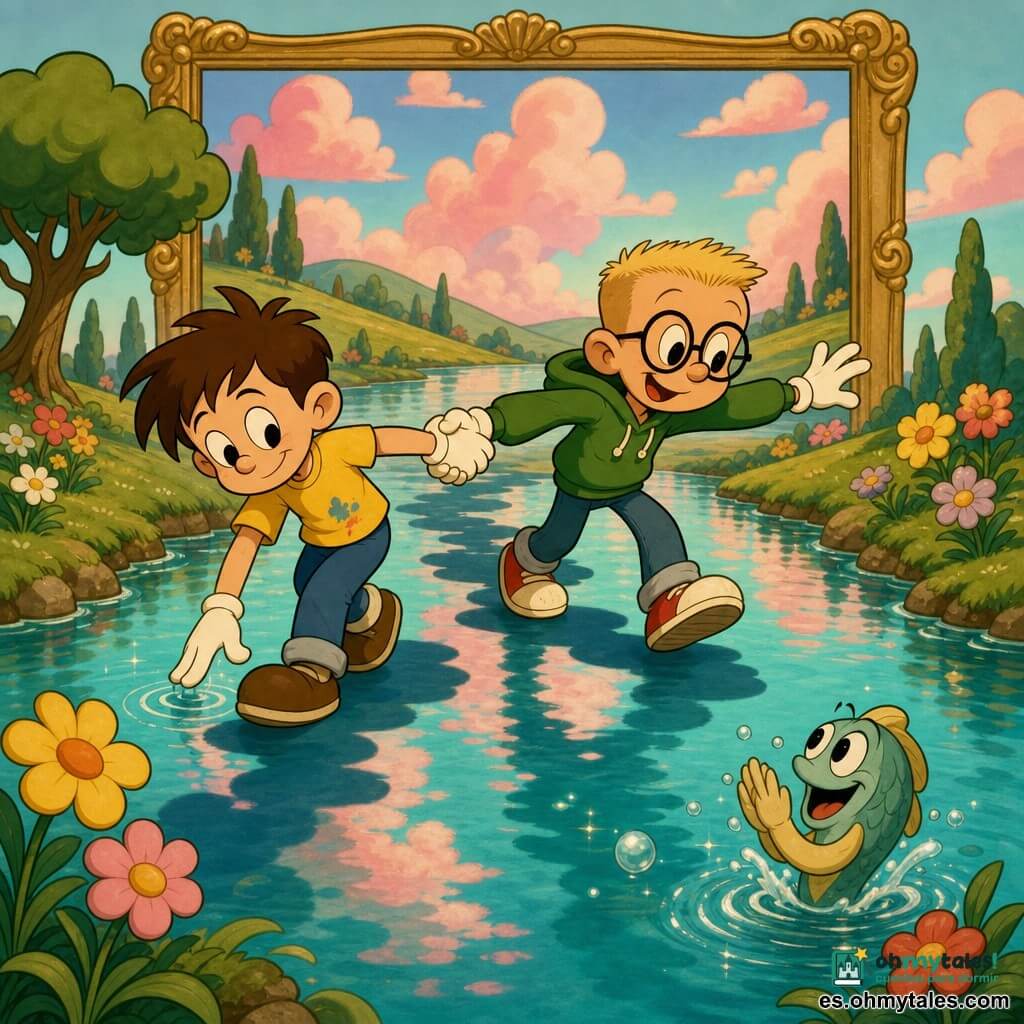 Hay dos niños de 8 años: Leo, a la izquierda, pelo castaño corto y despeinado, camiseta amarilla con una pequeña mancha de pintura, pantalón azul y sonrisa tímida, sujetando la mano de su amigo y apoyando la otra sobre una sombra en el agua; y Bruno, a la derecha, un poco adelantado, pelo rubio corto, gafas redondas, sudadera verde con capucha, vaqueros y aire travieso, brazos alzados como para mantener el equilibrio mirando a un pez que aplaude. Están en la orilla de un pequeño río turquesa que refleja nubes rosadas; la hierba es verde menta con flores estilizadas y al fondo se ve un gran marco como si todo fuese un cuadro vivo. Cruzan un puente invisible formado solo por sombras sobre el agua; un pez en el río saca la cabeza, tiene ojos grandes y expresa alegría aplaudiendo con las aletas y levantando pequeñas salpicaduras en burbujas brillantes. La escena es alegre, de colores saturados, estilo cartoon con siluetas redondeadas, luz suave y contrastes marcados que acentúan el efecto mágico.