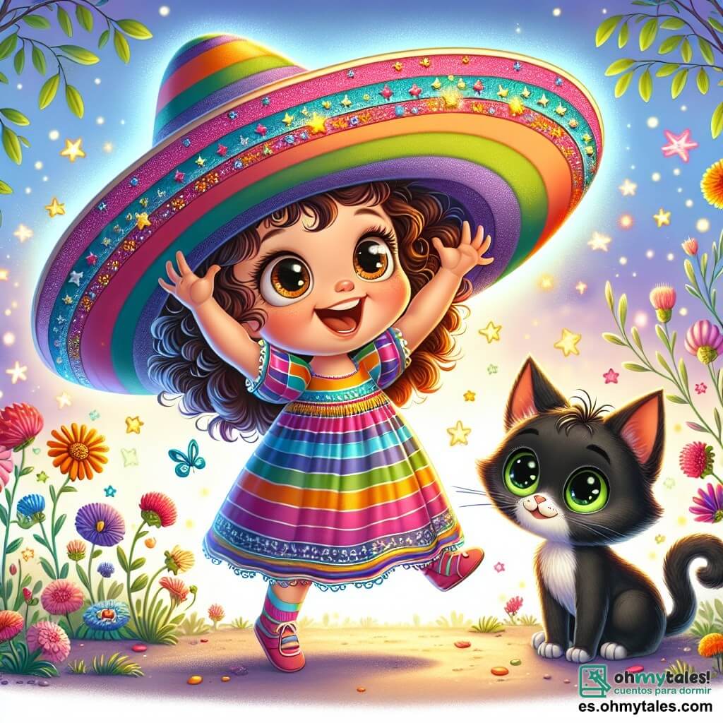 Una niña de 1 año llamada Lila, con grandes ojos brillantes y cabello rizado, lleva un vestido de rayas colorido y una gran sonrisa. Está colocando un sombrero mágico, rayado y estrellado, en su cabeza, con los brazos levantados de alegría. A su lado, un gato negro llamado Tico, con ojos verdes chispeantes, está sentado en el suelo, luciendo divertido y listo para volar. Observa a Lila con una sonrisa traviesa, con las patas delanteras ligeramente levantadas como si estuviera a punto de saltar. El escenario es un jardín encantado, lleno de flores multicolores, árboles con hojas brillantes y animales divertidos que observan la escena. Un cielo azul claro con algunas nubes esponjosas añade un toque de magia. La situación principal muestra a Lila y Tico flotando en el aire, rodeados de pequeñas estrellas brillantes, mientras ríen juntos, creando una atmósfera alegre y llena de aventura.