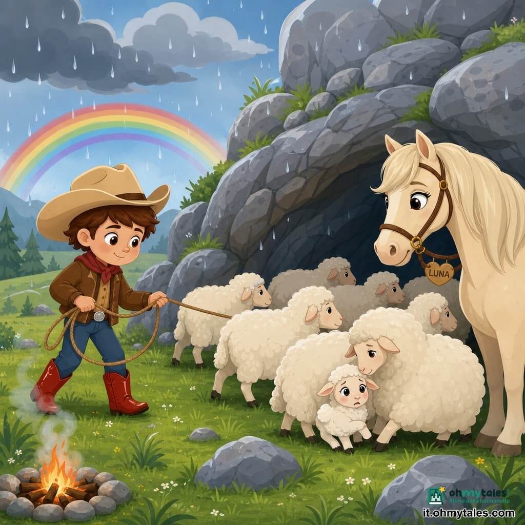 Un cowboy sorridente ma concentrato, capelli castani sotto un ampio cappello beige, giacca marrone e stivali rossi lucidi, tiene una corda e guida dolcemente un gregge di piccoli pecore bianche; una cavalla di nome Luna, alta dal manto crema, è alla sua destra e osserva le pecore; una piccola pecora rotonda e lanosa sembra spaventata ma rassicurata vicino a un'altra; la scena è in una prateria verde con una collina rocciosa grigia, alcuni sassi, un piccolo falò con fumo leggero e un cielo nuvoloso blu-grigio; il cowboy protegge il gregge sotto una pioggia leggera, guidandolo verso riparo tra le rocce, con gocce visibili e un arcobaleno nascente; stile grafico semplice, colori tenui, forme arrotondate e contorni netti adatti ai bambini.