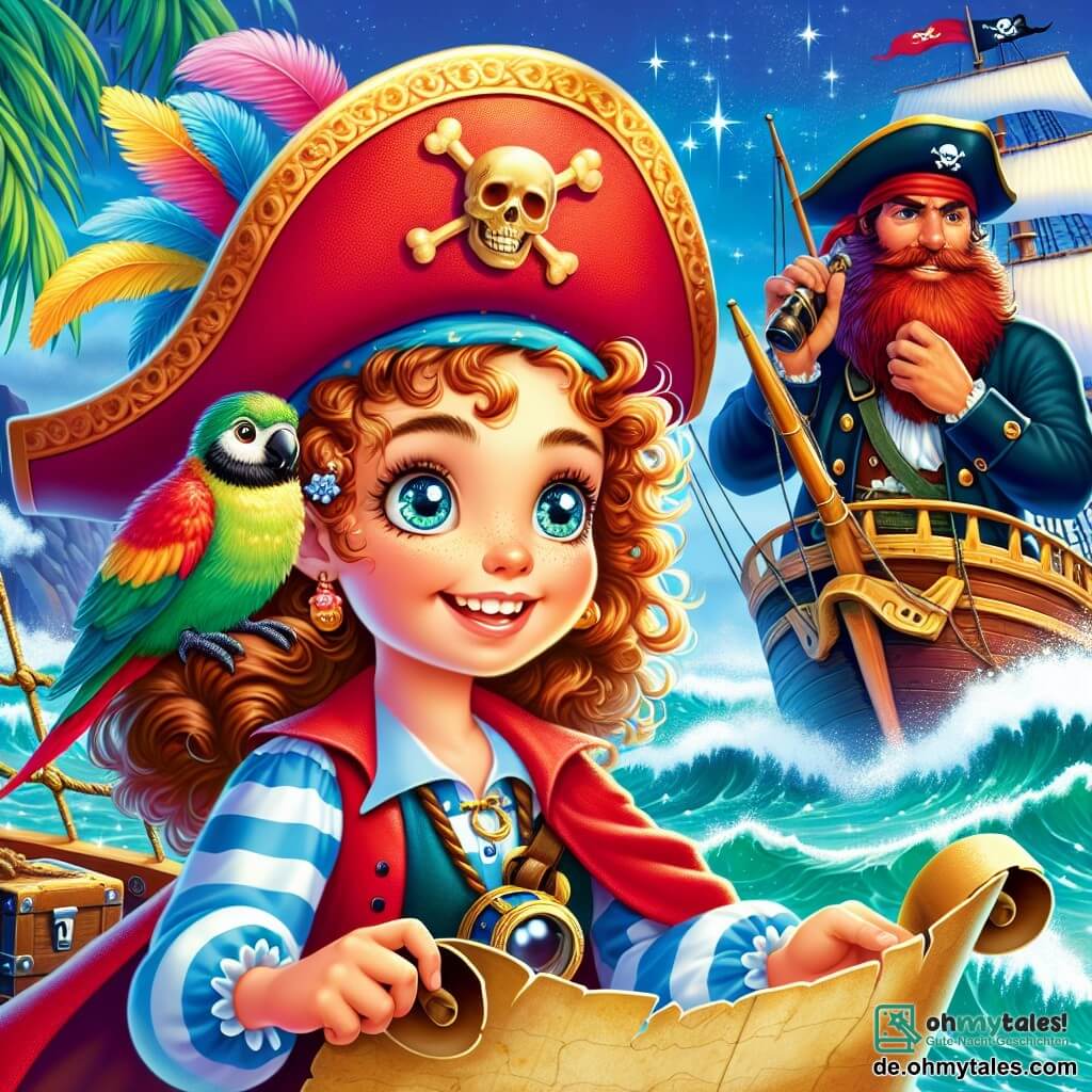 Eine junge Piratin namens Lisa mit lockigen Haaren und funkelnden Augen der Entschlossenheit trägt einen großen roten Hut mit einer Feder. Sie steht stolz auf dem Deck ihres Schiffes, der "Seestern", hält eine alte Schatzkarte in den Händen und ein aufgeregtes Lächeln erhellt ihr Gesicht. An ihrer Seite schaut ein kräftiger Matrose namens Max, etwa 30 Jahre alt, mit einem roten Bart und einem blauen Bandana, mit einem Fernrohr in die Ferne und ist bereit, Gefahren zu erkennen. Auf seiner Schulter sitzt ein kleiner bunter Papagei namens Koko mit grünen und gelben Federn, der fröhlich zwitschert und der Szene eine fröhliche Note verleiht. Das Schiff segelt über ein schimmerndes türkisfarbenes Meer, umgeben von weißen Wellen und einer geheimnisvollen Insel im Hintergrund mit Palmen und Felsen. Lisa, voller Energie, ist bereit, der Schatzkarte zu folgen, während der Wind die Segel des Schiffes wehen lässt und eine Atmosphäre von Abenteuer und Geheimnis schafft.