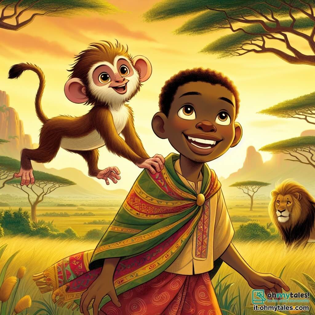 Kofi, un giovane africano di circa 20 anni, si trova in cima a una collina verdeggiante con un grande sorriso sul volto. Ha la pelle di un marrone dorato, capelli ricci e indossa una tunica colorata decorata con motivi tradizionali. I suoi occhi brillano di eccitazione e curiosità mentre guarda il maestoso Grande Leone della Savana. Accanto a lui, Bobo, una piccola scimmia birichina, sta salendo sulla spalla di Kofi. Bobo ha un pelo marrone chiaro e occhi scintillanti, e sembra felice, saltellando con entusiasmo. L'ambiente è una savana africana illuminata dalla luce dorata del sole al tramonto, con acacie slanciate e erbe alte che danzano al vento. Sullo sfondo, montagne lontane aggiungono un tocco di mistero al paesaggio. La scena principale mostra Kofi e Bobo mentre incontrano il Grande Leone, un maestoso leone dagli occhi brillanti e dalla criniera fiammeggiante, che si erge dignitoso su una roccia, pronto a condividere la sua saggezza. Kofi, pieno di entusiasmo, ascolta attentamente il leone, mentre Bobo, curioso, osserva la scena con meraviglia.