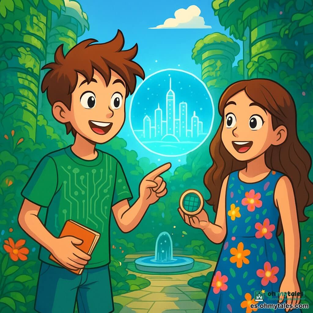 Un chico de 12 años, Marco, con el pelo despeinado y ojos llenos de curiosidad, se encuentra en el centro de un jardín futurista, con una sonrisa maravillada en el rostro. Lleva una camiseta con motivos de circuitos impresos y un pantalón corto de tela ligera, sosteniendo una pequeña libreta en una mano, mientras que la otra señala un holograma brillante que flota frente a él. A su lado, Lila, una chica de 12 años con cabello largo y ondulado, vestida con un vestido colorido adornado con flores bioluminiscentes, observa atentamente el holograma. Tiene una expresión de emoción en su rostro, con los ojos muy abiertos, y sostiene un pequeño sensor solar en forma de moneda en su mano. El escenario es un jardín vertical exuberante, donde torres cubiertas de plantas verdes se elevan hacia el cielo azul, y luces suaves iluminan los senderos. Flores coloridas y fuentes de agua reciclada añaden un toque mágico al entorno. La situación principal muestra a Marco y Lila descubriendo un holograma fascinante que proyecta imágenes de la ciudad, ilustrando cómo la paciencia y la cooperación pueden transformar su futuro. Están rodeados de vegetación y tecnología, simbolizando la armonía entre la naturaleza y la innovación.