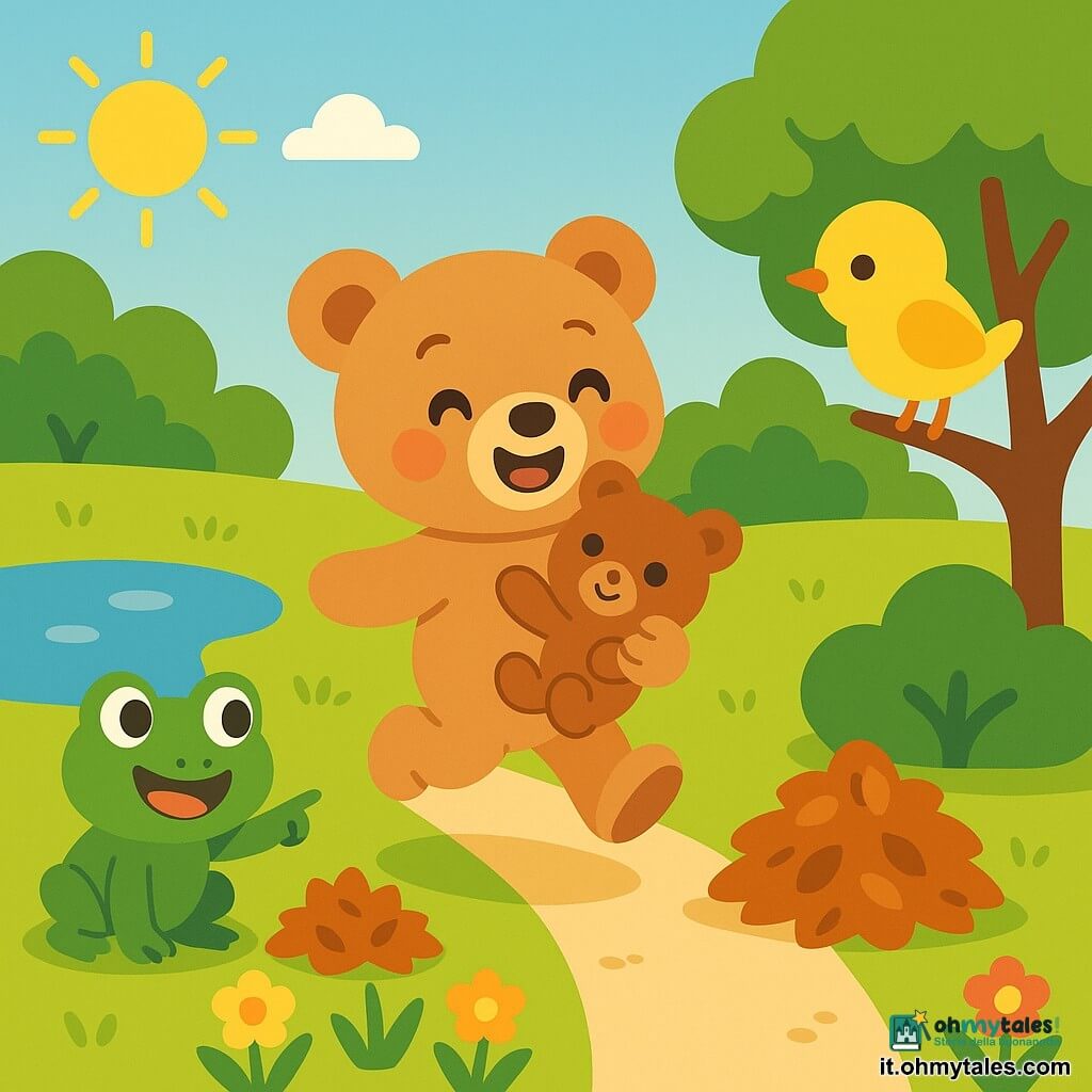 Il protagonista è un piccolo orsacchiotto di peluche marrone chiaro dagli occhi neri lucidi, felice e sollevato mentre stringe il suo orsacchiotto più piccolo e salta su un sentiero di terra; la rana Tina è una piccola rana verde vivace, accovacciata vicino a uno stagno a sinistra che indica un mucchio di foglie; l'uccellino Pio è un passerotto giallo tondo, ali ripiegate, su un ramo basso a destra che guarda l'orsacchiotto beccando; ambientazione: giardino mattutino luminoso con erba verde tenue, cespugli arrotondati, un piccolo stagno con riflessi, foglie cadute bruno-rosse e qualche fiore; scena principale: l'orsacchiotto ritrova il suo pupazzo sotto un mucchio di foglie vicino a un cespuglio, gli amici lo circondano sorridenti in un incontro gioioso e caldo; composizione semplice, colori morbidi e contrasti netti.