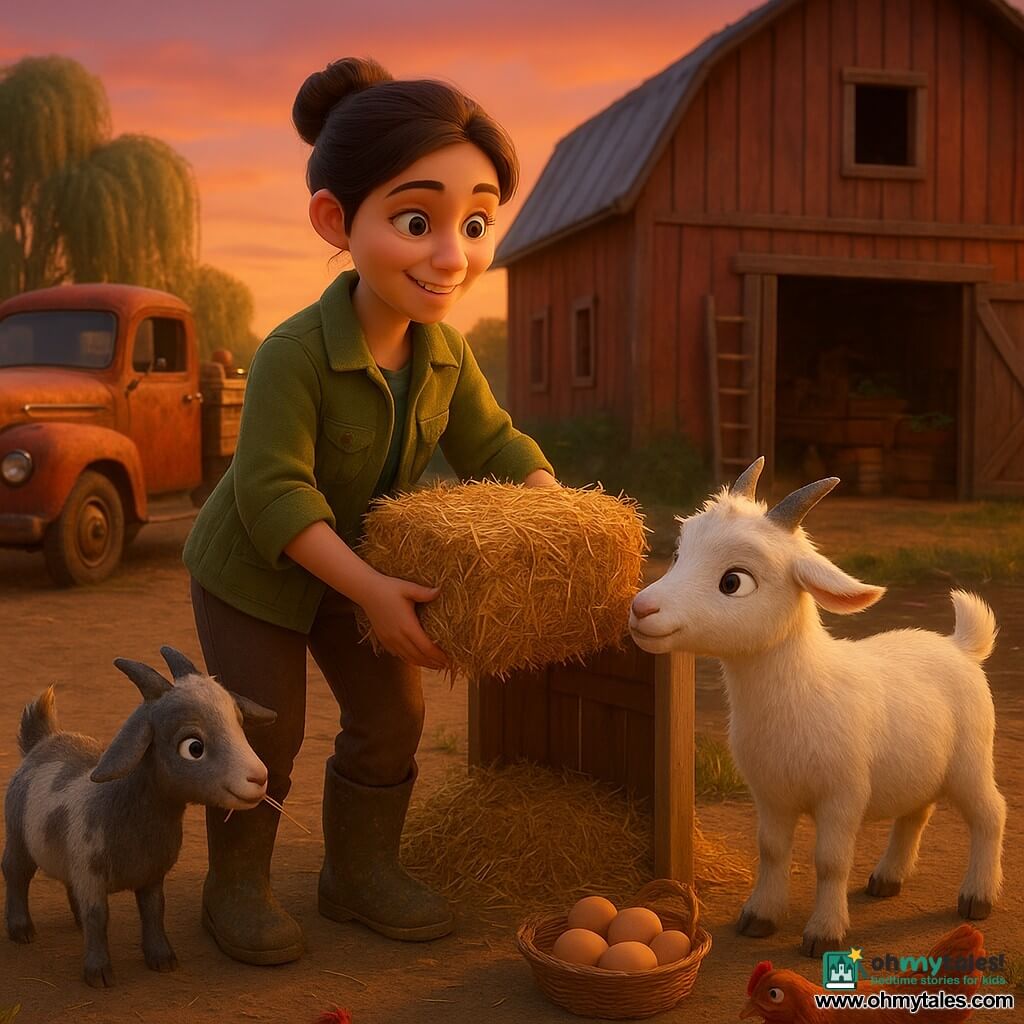 Adult woman Mara, smiling and determined with brown hair in a bun, wearing a green canvas jacket and muddy boots, places a bale of straw in the goat shelter near Willow Creek at sunset; a female goat named Cloud, medium-sized with fluffy white coat, sniffs the straw by Mara’s right hand, a smaller male goat Pepper with gray spots tugs a boot string at the front left, red chickens peck nearby with fresh eggs visible in a basket by Mara’s boots, an old red farm truck with stacked vegetable crates is parked behind her beside a weathered red-brown wooden barn with an open-window and ladder, soft muddy creek bank and a weeping willow lean toward shimmering water, the orange-pink twilight casts long shadows and warm light on faces and straw, a calm, reassuring moment of caring and preparation for tomorrow.