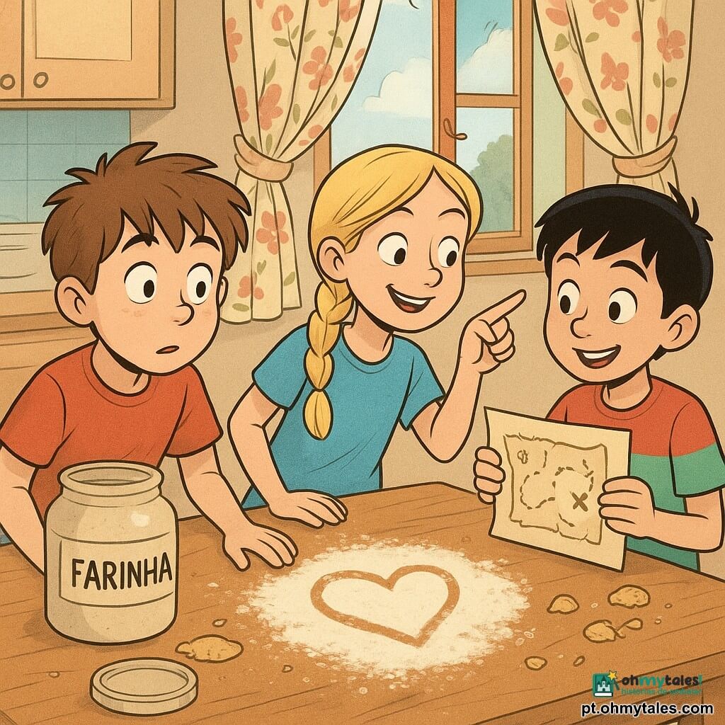 Pedro, um menino de 10 anos com cabelos castanhos despenteados e olhos curiosos, observa atentamente um coração desenhado em farinha sobre uma mesa de cozinha de madeira. Ele tem uma expressão de surpresa e fascinação. Ao seu lado, Ana, uma menina de 10 anos com tranças loiras e um sorriso travesso, aponta para uma janela aberta. Tomás, um menino de 10 anos com cabelos pretos e vestindo uma camiseta colorida, segura um pedaço de papel com um desenho de mapa do tesouro. Eles estão em uma cozinha iluminada e acolhedora, com cortinas de estampas florais e uma mesa cheia de potes de farinha e migalhas de biscoito. A situação principal mostra as crianças descobrindo pistas misteriosas, cercadas por objetos do dia a dia, em um ambiente caloroso e intrigante.