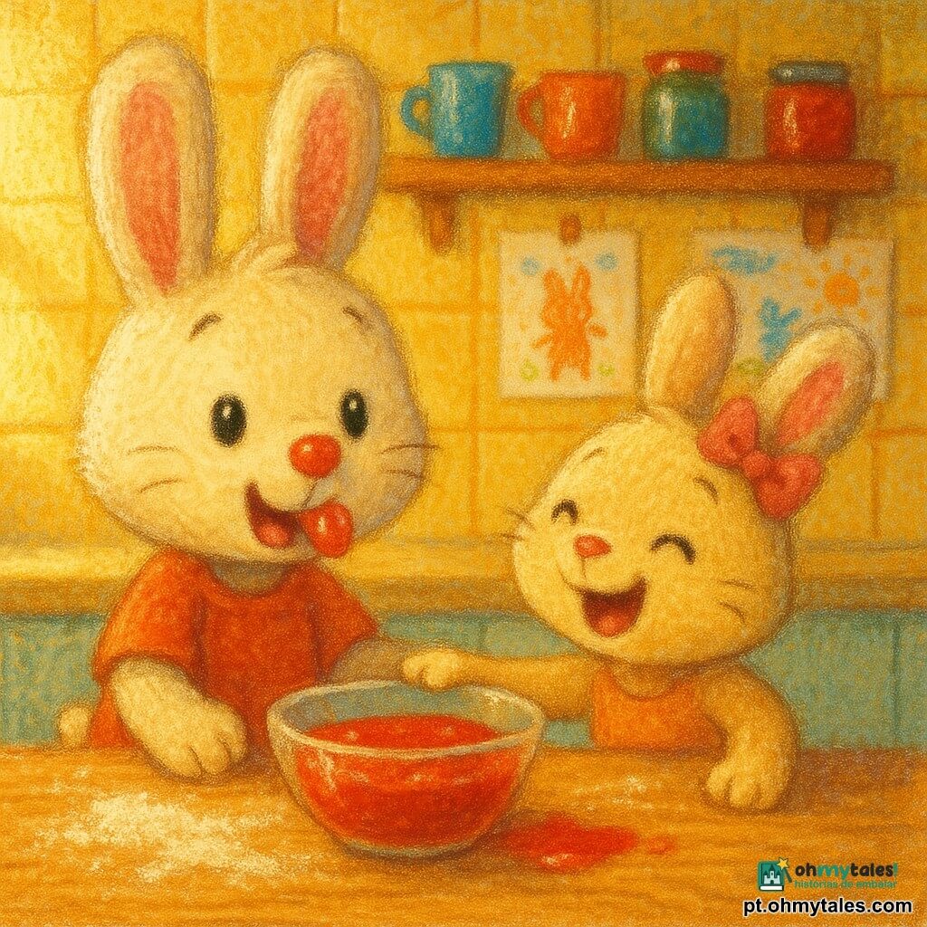 O personagem principal é um coelhinho chamado Nico, surpreso e divertido, com uma gota de geleia vermelha no nariz; pelo creme, orelhas grandes e olhos brilhantes, em pé sobre a mesa lambendo a gota. A personagem secundária é Lila, sua irmã travessa e risonha, pelo bege e laço rosa na orelha, com uma pata sobre a mesa em frente a Nico. Entre eles há um vidro de geleia vermelha vivo, ligeiramente inclinado, com um pequeno respingo na madeira. Cozinha acolhedora e iluminada, mesa de madeira clara com manchas de farinha, raios de sol, canecas e frascos coloridos e desenhos infantis na parede. Cena alegre e lúdica dos irmãos disputando a mesma colherada, o pote tombando e a gota na ponta do nariz de Nico.