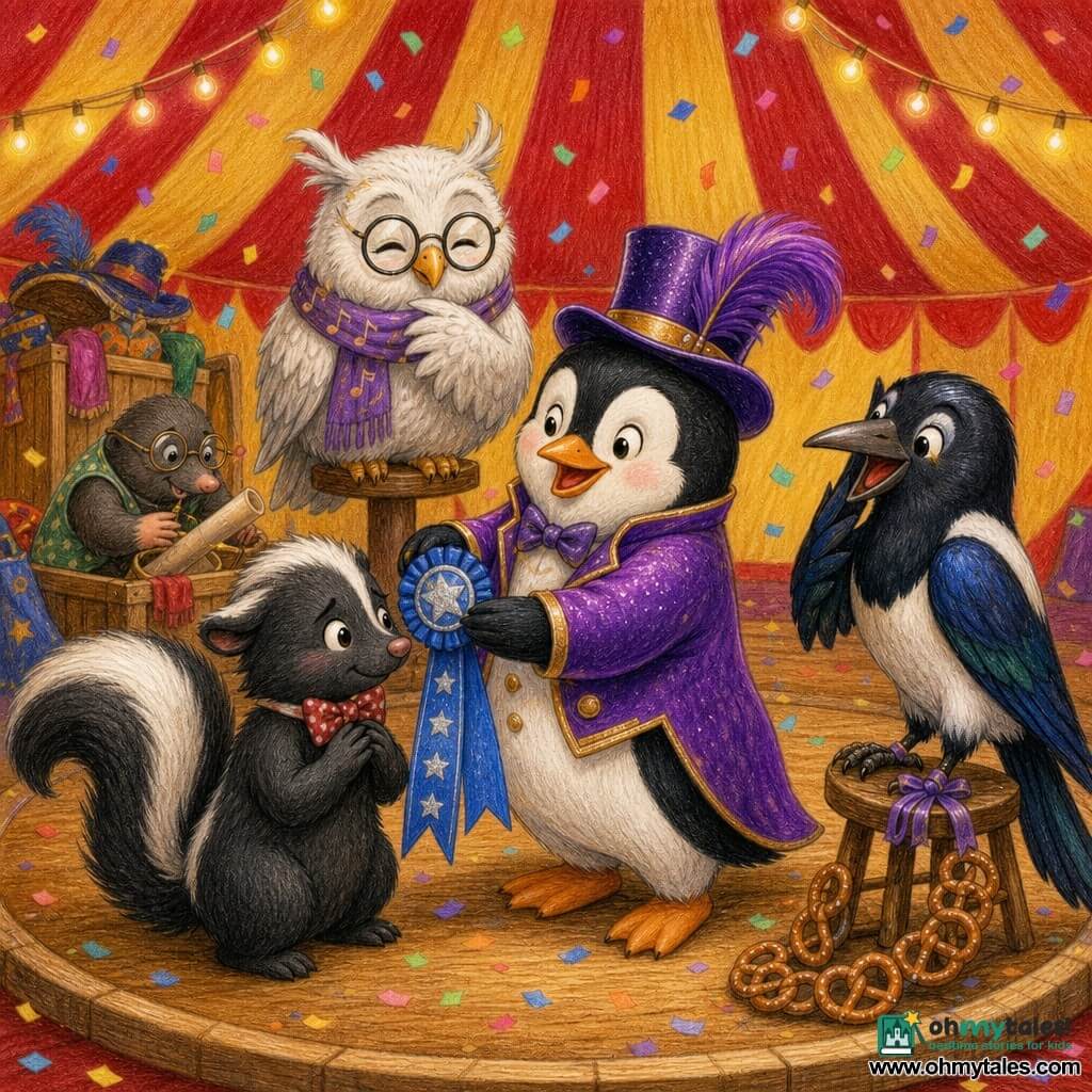An anthropomorphic penguin named Pippa Wobblewing, proud and joyful, wears a shiny purple jacket with gold buttons and a top hat with a bobbing feather; she delicately holds a blue ribbon with silver stars at the center of the ring. A small fluffy skunk with a slightly crooked bow tie looks relieved and shy as he stands left of Pippa, receiving the ribbon, nose lifted and tail curled. Professor Hush, a ruffled kind white owl with a musical-note scarf, perches on a small post behind Pippa, nodding with a gentle smile. A glossy magpie with a glittery beak sits on a stool to the right, looking guilty but happy, with a pretzel garland at its feet and a ribbon on one leg. Myrtle the mole, small and round with round glasses, rummages through poster tubes near a costume crate, serious but content. The setting is a large cherry-and-butter-yellow striped circus tent with an oval wooden ring, hanging lantern garlands, falling confetti, and crumpled posters on the walls; warm central spot lighting. The scene shows the ribbon presentation in the center of the ring: all characters gathered around, friendly expressions, celebratory gestures, softly falling confetti, festive and reassuring mood. Style: colored pencils, soft textures, bright saturated colors, simple rounded shapes, clear expressive faces, composition readable for a 6-year-old.