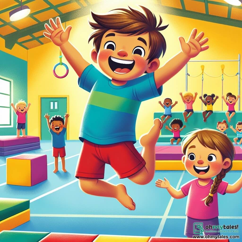 A 4-year-old boy named Leo, with messy brown hair and a big smile, is performing a gymnastics jump on a large colorful mat. He wears a bright blue t-shirt and red shorts, and his face shows immense joy and determination. Next to him is his best friend Mia, a 4-year-old girl with braided blonde hair and a radiant smile, encouraging him with her arms raised, dressed in a pink t-shirt and purple shorts. The setting is a bright gymnasium with yellow walls and colorful gymnastics equipment like uneven bars and hoops. In the background, children of different ages watch with awe, creating an atmosphere of camaraderie and excitement. The main scene shows Leo and Mia training for a gymnastics competition, surrounded by their friends who cheer them on, illustrating team spirit and the joy of sports.