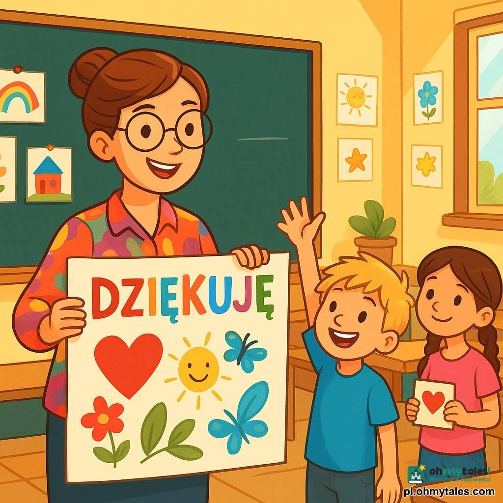 Uśmiechnięta nauczycielka w wieku około trzydziestu lat, z brązowymi włosami związanymi w kok, nosi kolorową bluzkę i okrągłe okulary. Stoi przed dużą tablicą, z błyszczącymi oczami pełnymi entuzjazmu, trzymając duży rulon papieru z kolorowym rysunkiem. Obok niej stoi ośmioletni chłopiec z rozczochranymi blond włosami, podnoszący rękę z szerokim uśmiechem, niecierpliwy, by podzielić się swoim pomysłem. Tuż za nim dziewczynka z warkoczami i różowym t-shirtem patrzy z podziwem, trzymając małą kartkę z podziękowaniami. Scena rozgrywa się w jasnej klasie, wypełnionej rysunkami na ścianach, drewnianymi biurkami i oknami wpuszczającymi światło słoneczne. Główna sytuacja pokazuje nauczycielkę i jej uczniów, którzy wspólnie tworzą duży plakat z podziękowaniami, z rysunkami i kolorowymi słowami, celebrując swoją szkołę i osoby, które w niej pracują. Atmosfera jest radosna i twórcza, pełna śmiechu i ekscytacji.