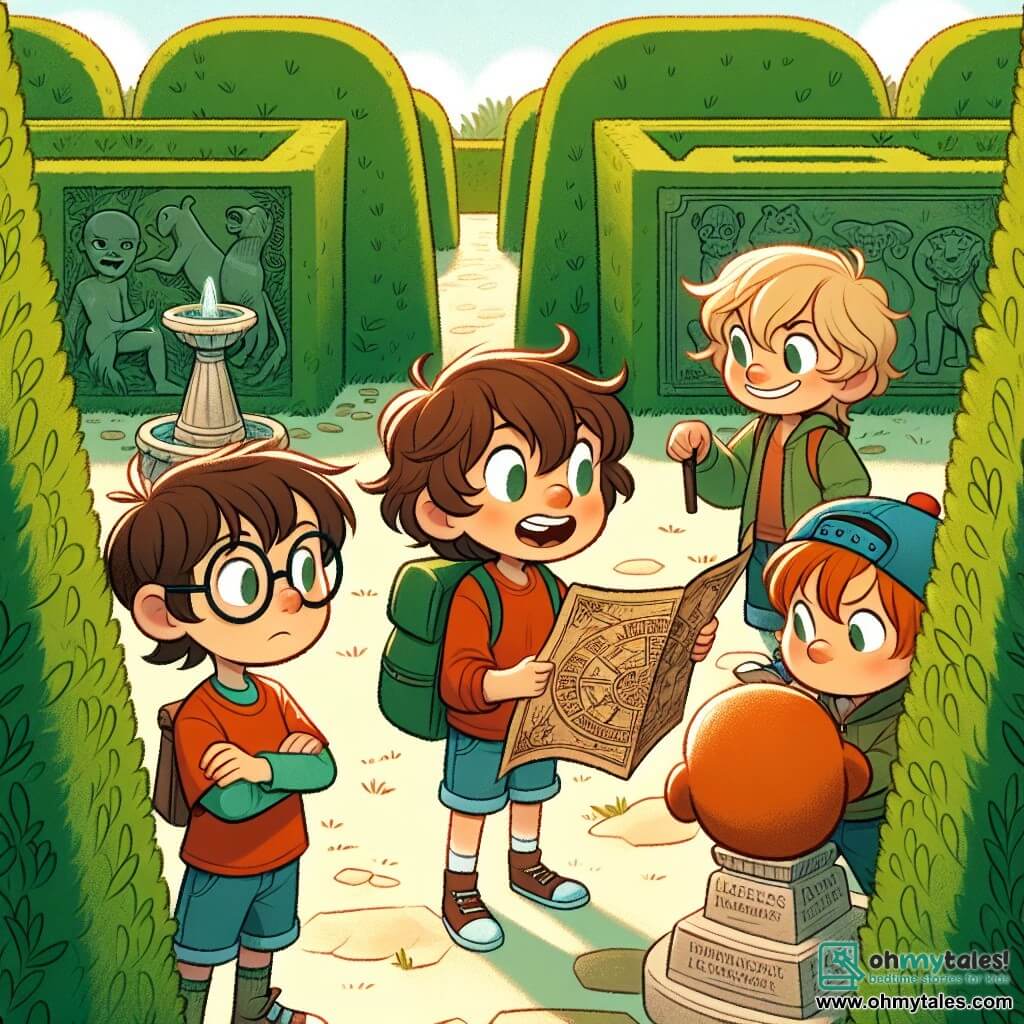 In a labyrinthine garden, four young adventurers stand in the center of a sunny clearing. Max, an eight-year-old boy with messy brown hair and a red t-shirt, holds an old treasure map with a big smile. To his right, Leo, a blonde boy with sparkling eyes, carefully studies the map while wearing a blue cap and denim shorts. Sam, a boy with round glasses and brown hair, leans near a stone fountain, observing animal engravings, dressed in a green t-shirt. Finally, Oliver, a boy with curly hair and a bright smile, stands a bit back with crossed arms, ready to explore, in an orange hoodie. The labyrinthine garden is filled with tall green hedges forming winding paths, and at its center stands a beautiful stone fountain adorned with delicate sculptures of lions and flowers. Sun rays filter through the leaves, creating bright patterns on the ground. The four friends discover an old chest hidden under a lion's paw, revealing mementos of past adventures, symbolizing the spirit of friendship and exploration that unites them.