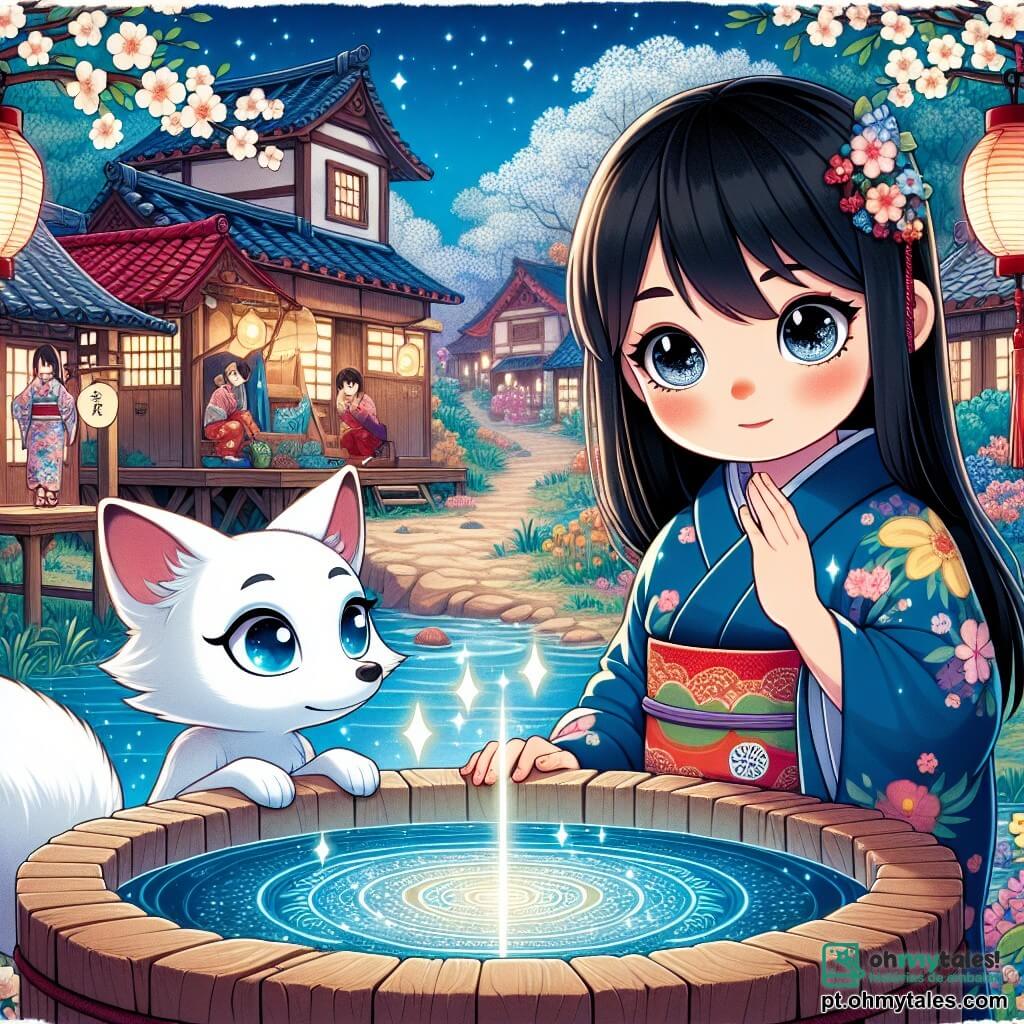 Yuki, uma jovem de 12 anos, com longos cabelos negros brilhantes e olhos cheios de curiosidade, está à beira de um poço mágico. Ela usa um quimono tradicional azul com padrões florais, e seu rosto expressa uma doce determinação enquanto observa a água cintilante. Ao seu lado, uma raposa de cauda branca, com olhos brilhantes como estrelas, observa Yuki, pronta para oferecer conselhos sábios. Ao fundo, a aldeia encantada é composta por casas coloridas de madeira, com telhados de ladrilho vermelho. Árvores floridas cercam o poço, criando uma atmosfera mágica e pacífica, enquanto lanternas de papel flutuam suavemente no ar. A cena mostra Yuki olhando para o poço, onde imagens de sua aldeia e de sua família aparecem, revelando a magia e a sabedoria que ela deve descobrir para resolver o mistério que a envolve.